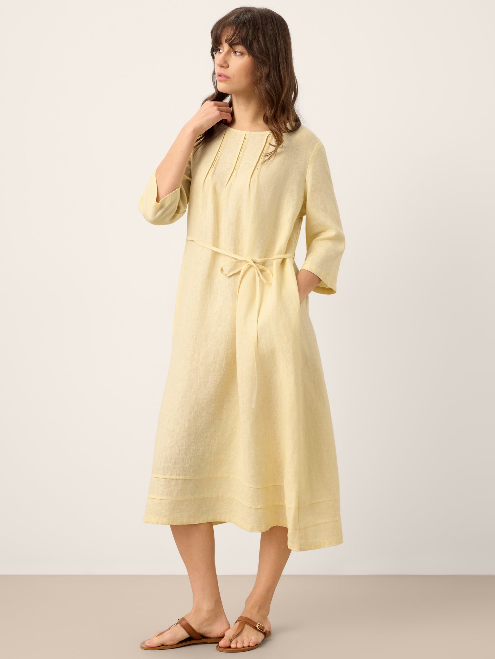 100% Linen Pintucked Embroidered Adjustable Belt Tiered Midi Dres VERENA