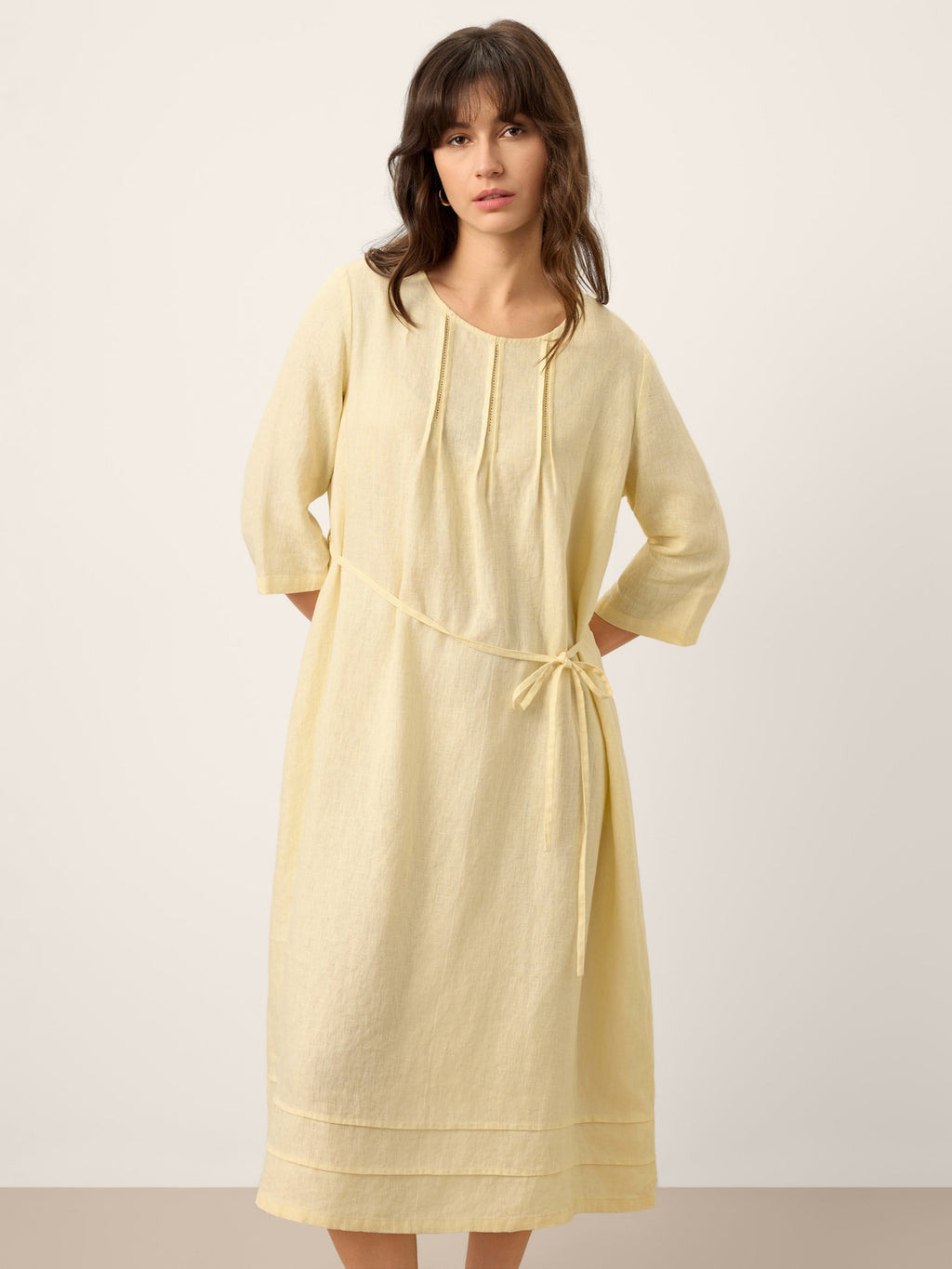 100% Linen Pintucked Embroidered Adjustable Belt Tiered Midi Dres VERENA