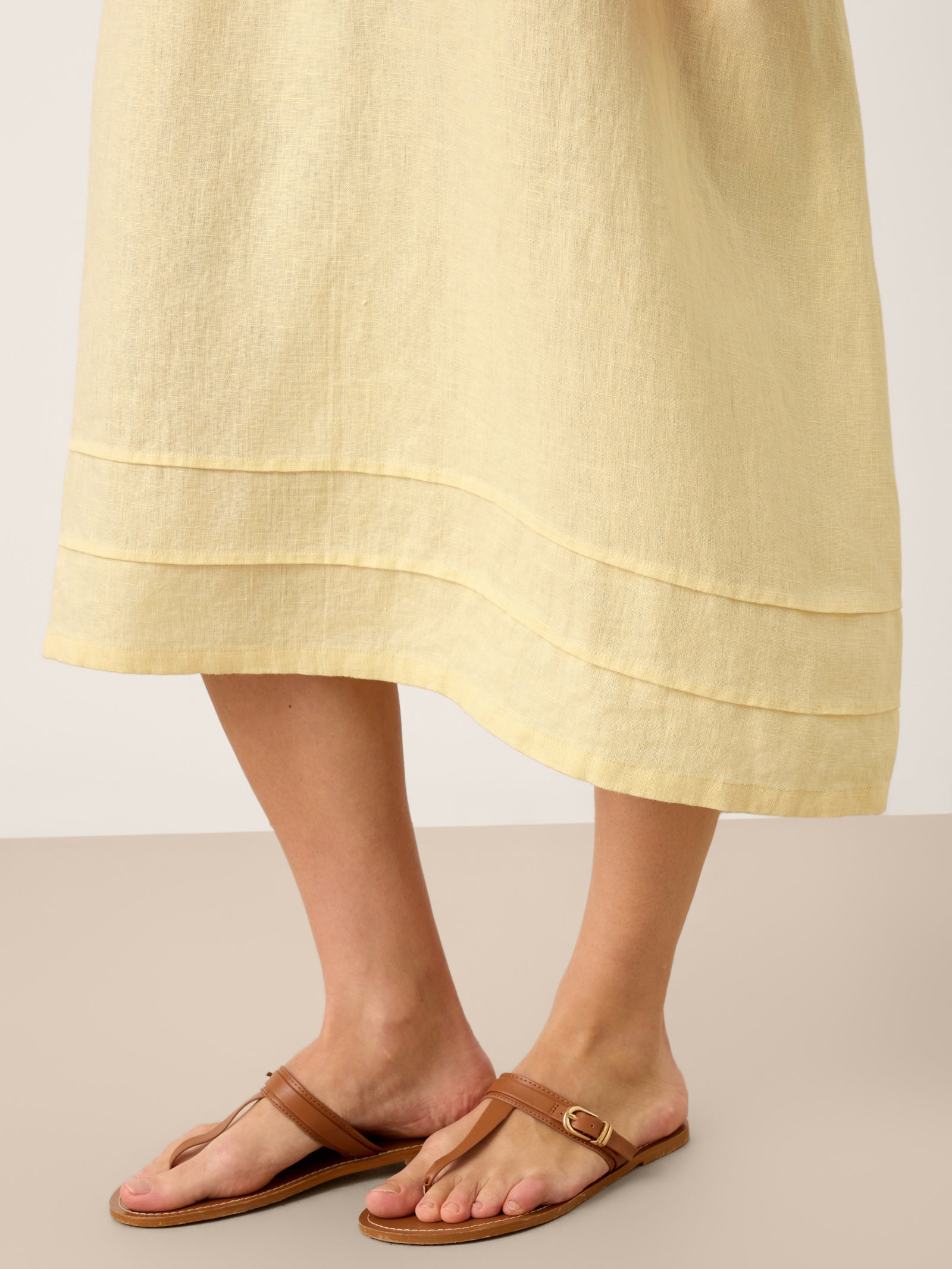 100% Linen Pintucked Embroidered Adjustable Belt Tiered Midi Dres VERENA