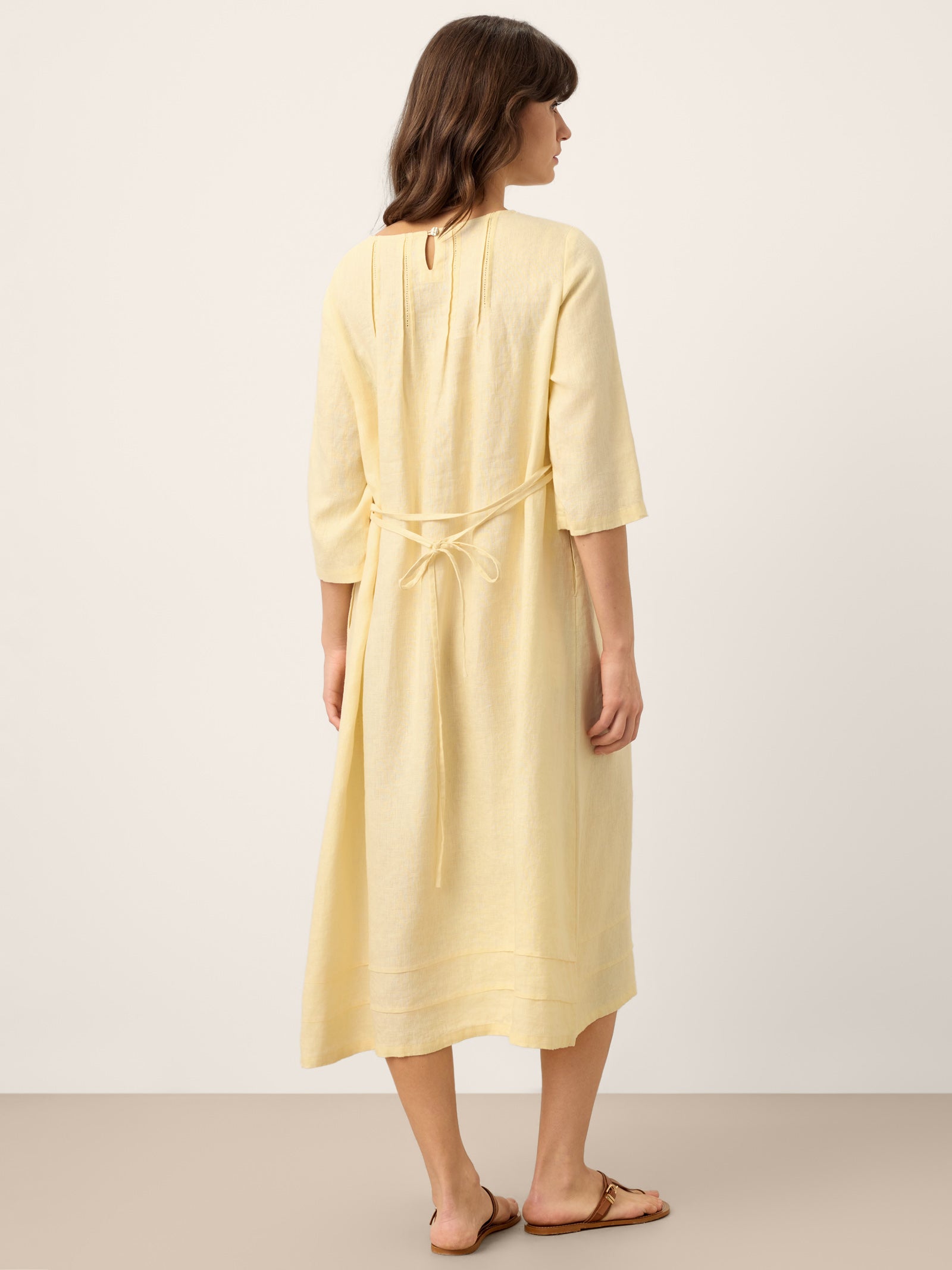 100% Linen Pintucked Embroidered Adjustable Belt Tiered Midi Dres VERENA