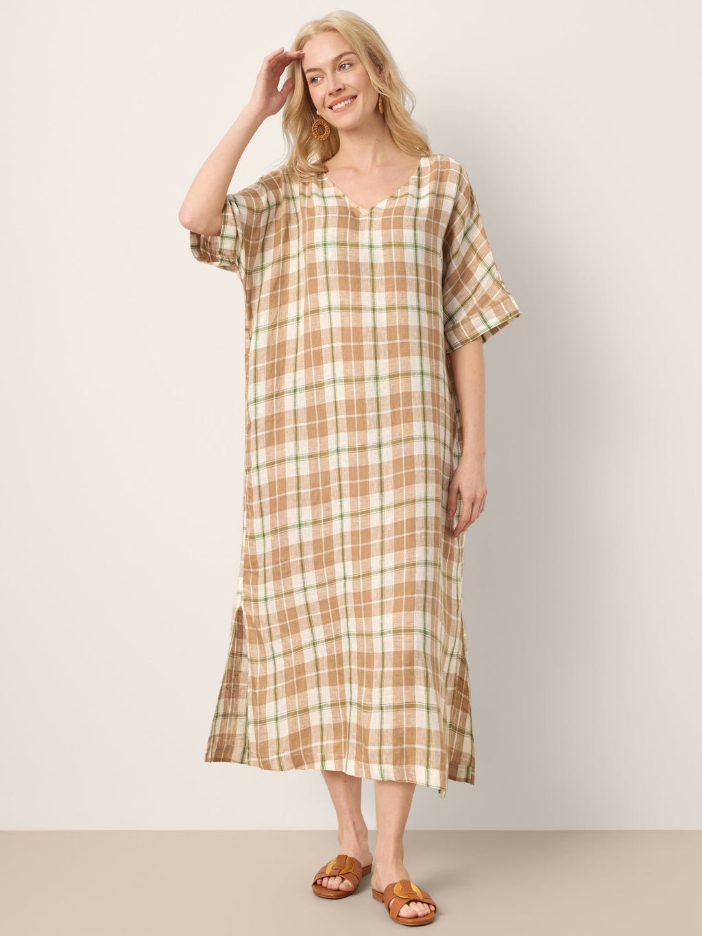 100% Linen Plaid Deep V-Neck Drop Shoulder Side Slit Midi Dress LESLIE