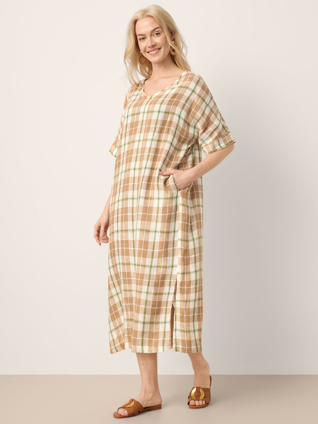 100% Linen Plaid Deep V-Neck Drop Shoulder Side Slit Midi Dress LESLIE