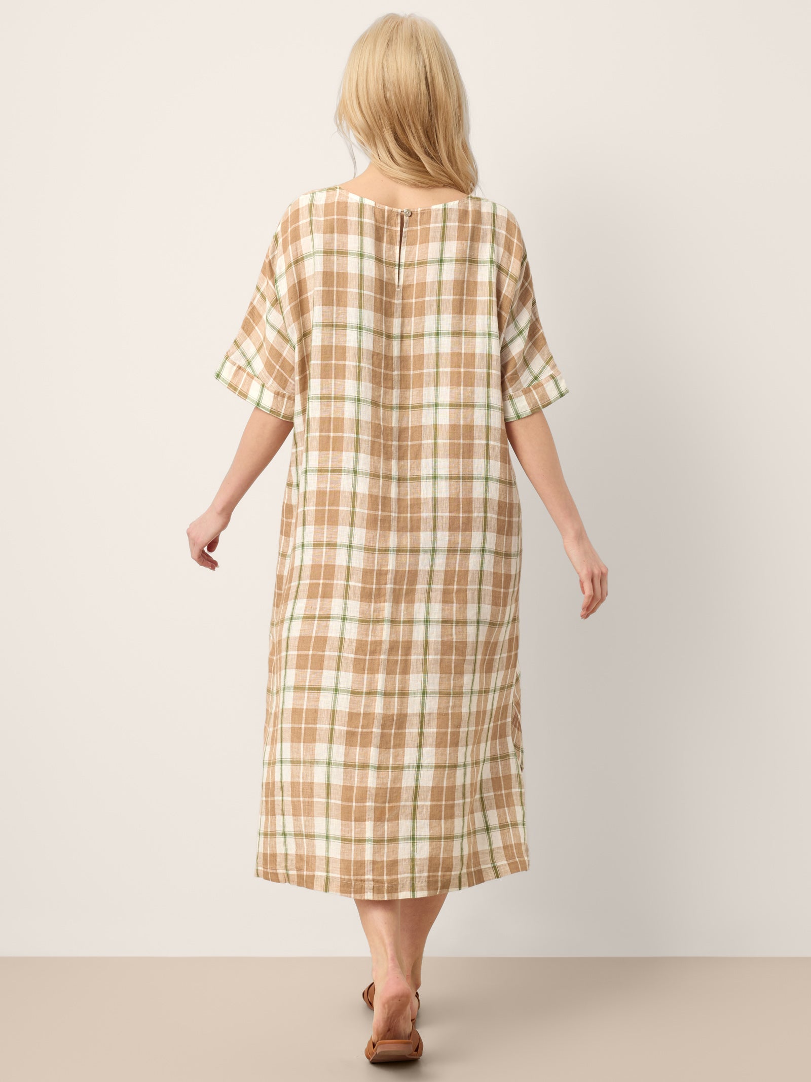 100% Linen Plaid Deep V-Neck Drop Shoulder Side Slit Midi Dress LESLIE