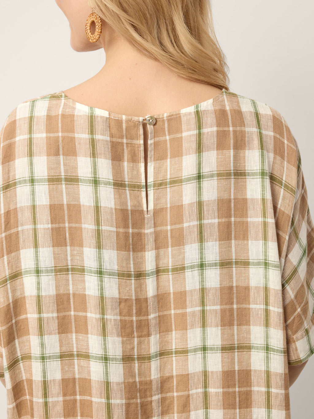 100% Linen Plaid Deep V-Neck Drop Shoulder Side Slit Midi Dress LESLIE