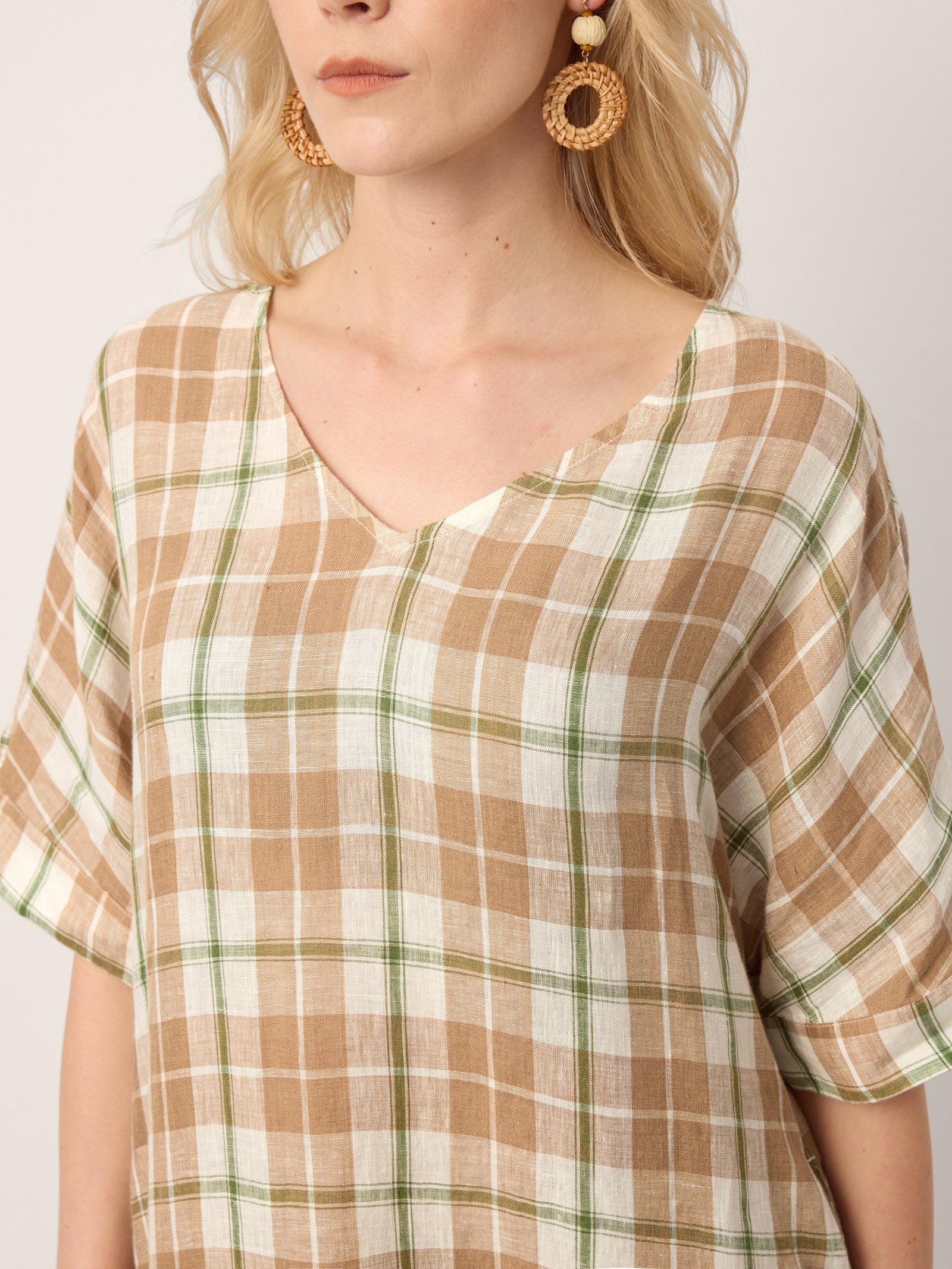 100% Linen Plaid Deep V-Neck Drop Shoulder Side Slit Midi Dress LESLIE