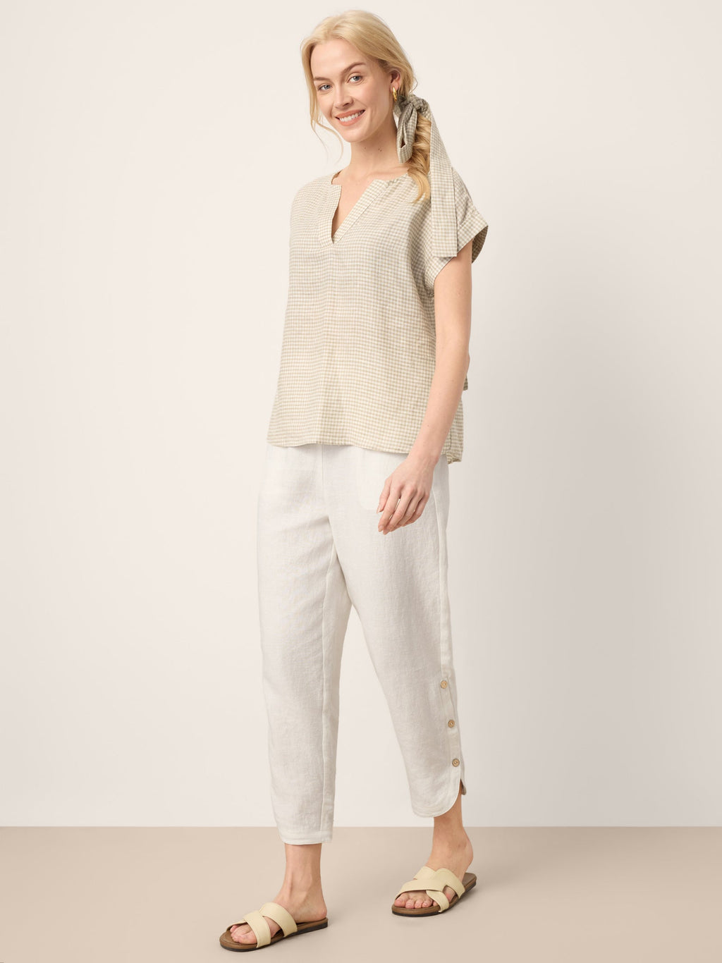 100% Linen Plaid Detachable Tie-Belt Split-Neck Top LEXIE