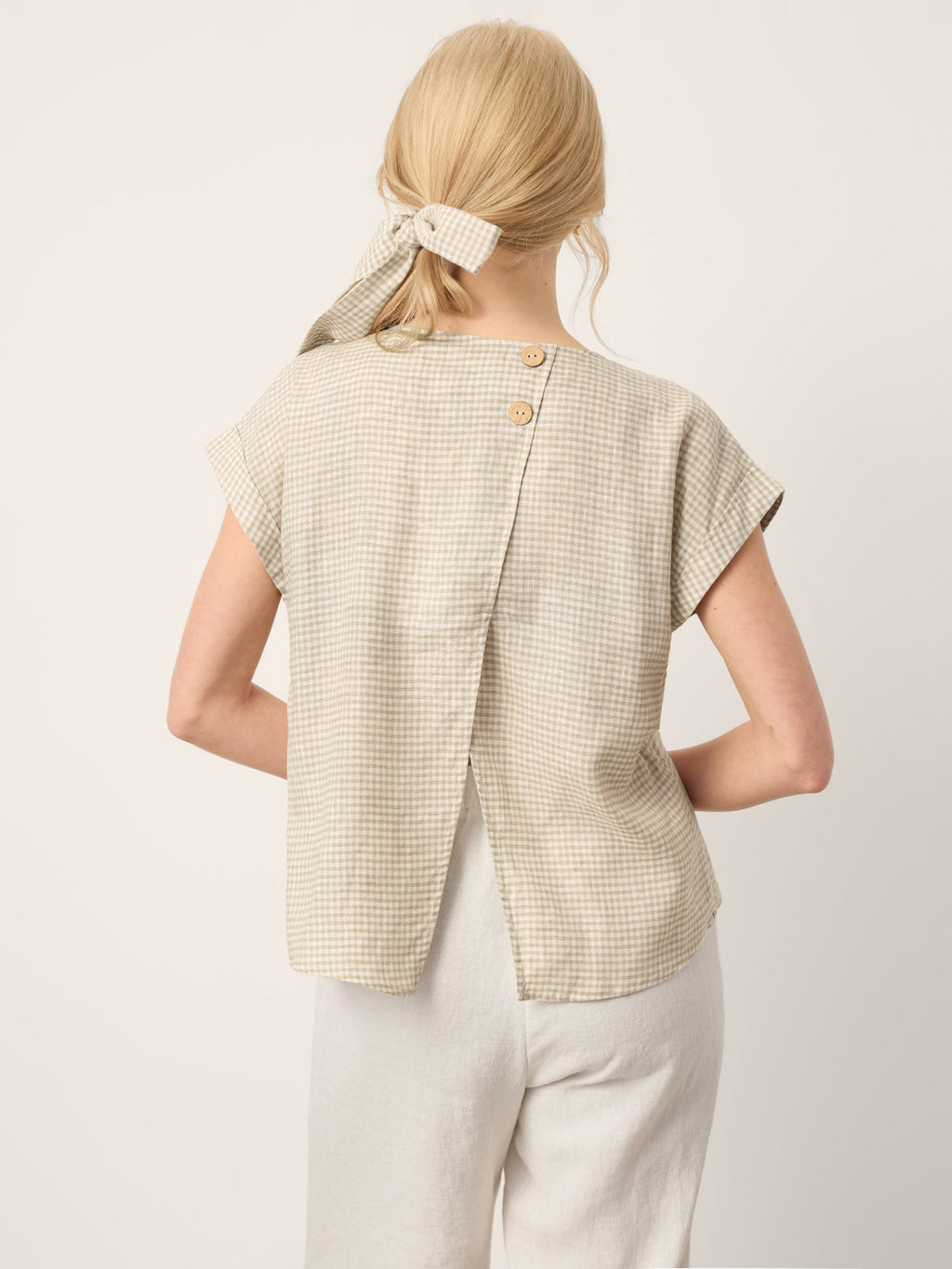 100% Linen Plaid Detachable Tie-Belt Split-Neck Top LEXIE