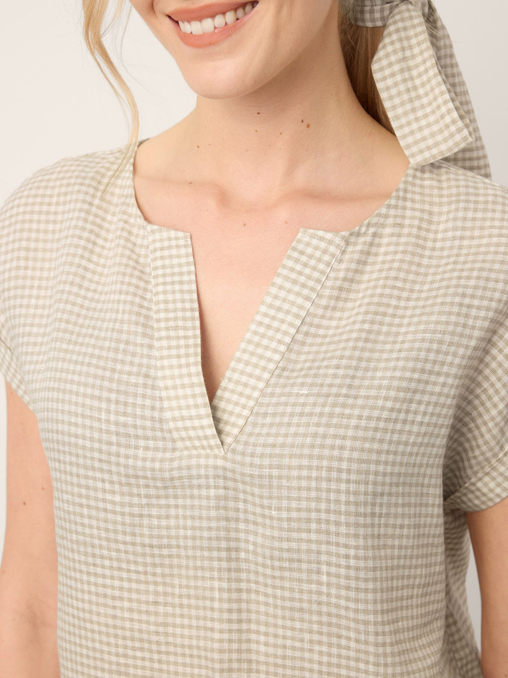 100% Linen Plaid Detachable Tie-Belt Split-Neck Top LEXIE