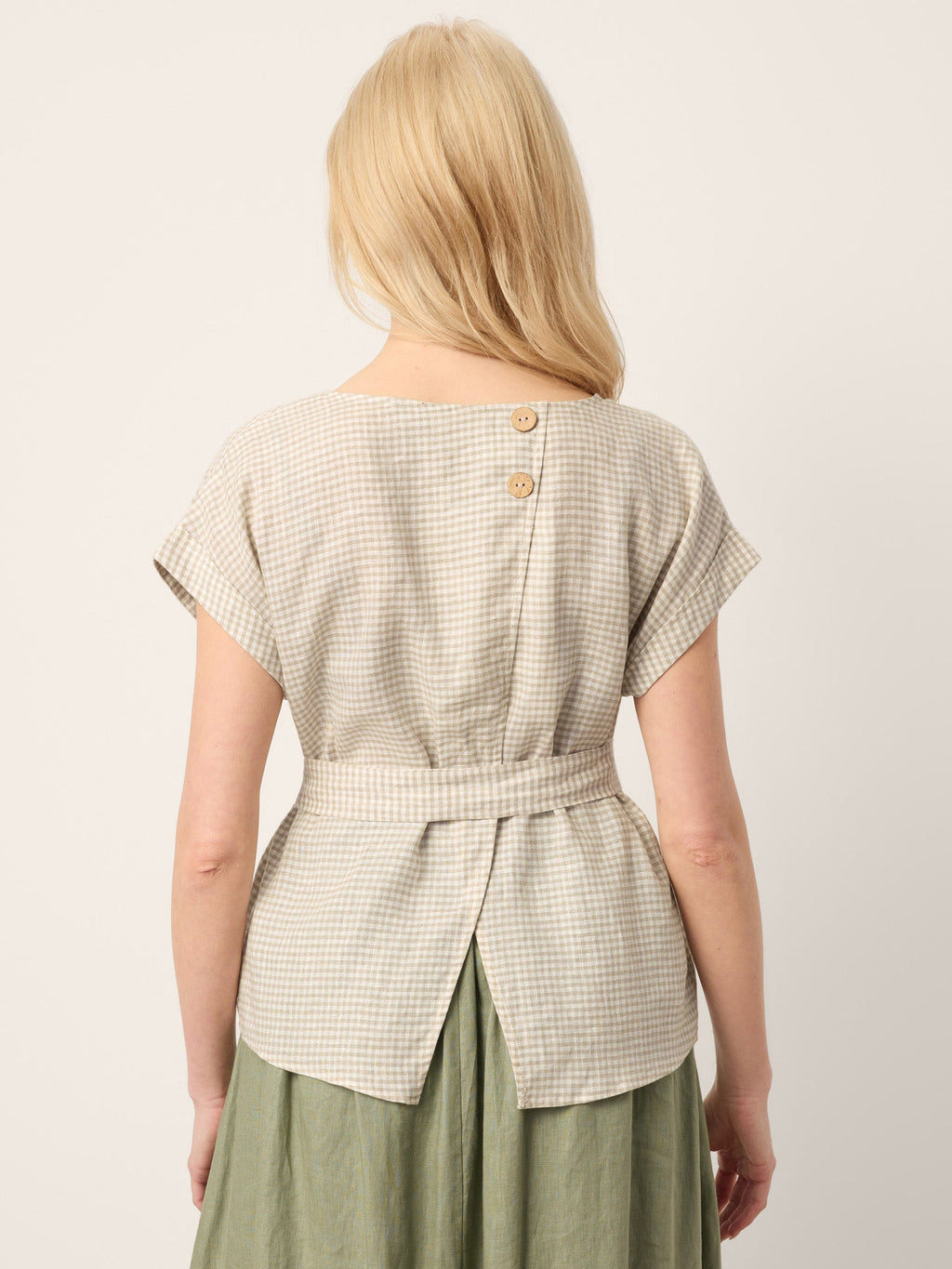 100% Linen Plaid Detachable Tie-Belt Split-Neck Top LEXIE