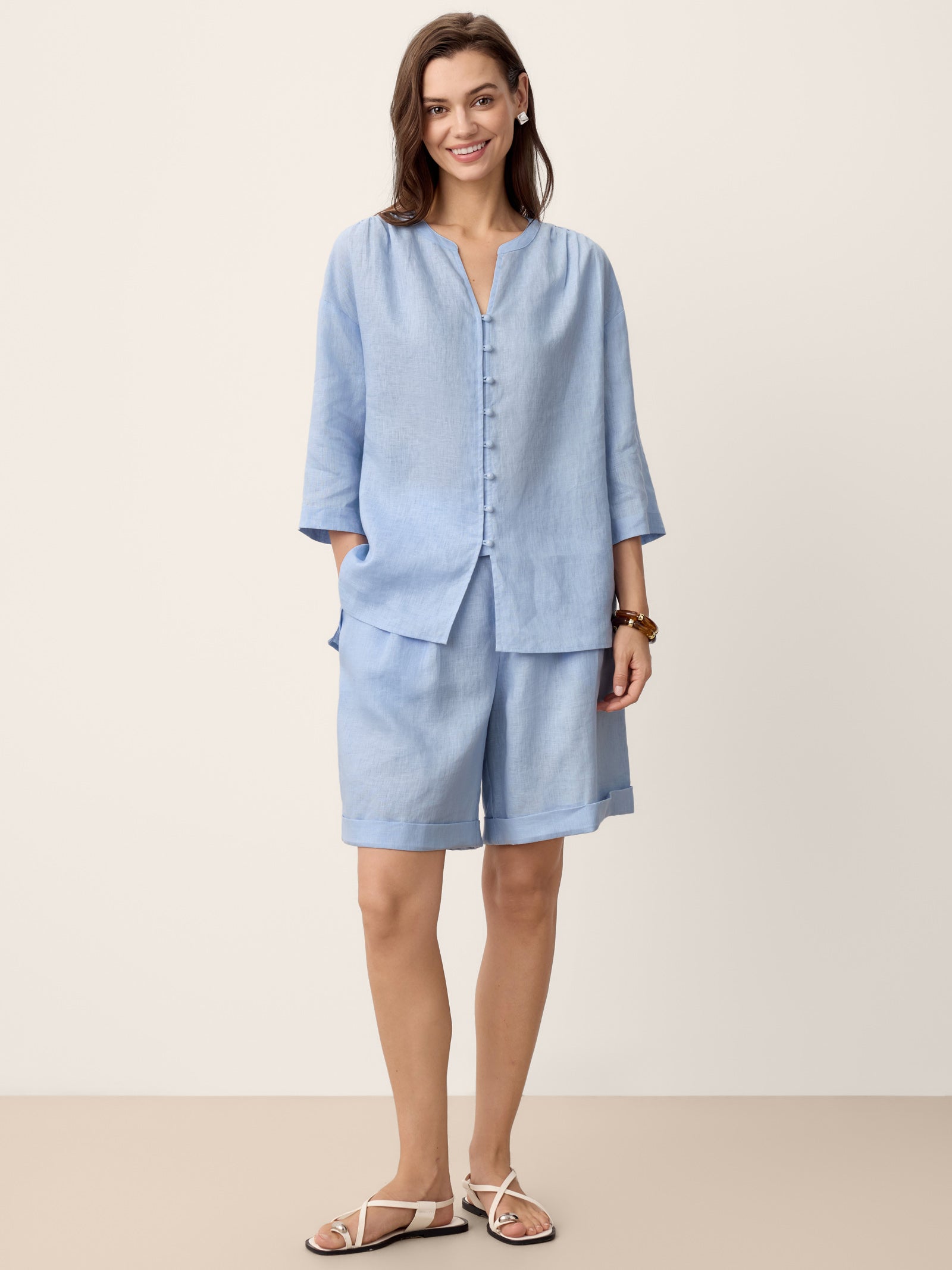 100% Linen Pleated Cuffed Shorts IRISSA-LINTICO