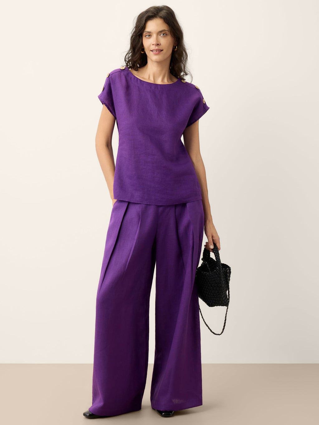 100% Linen Pleated Waist Wide Leg Pants LOUISA