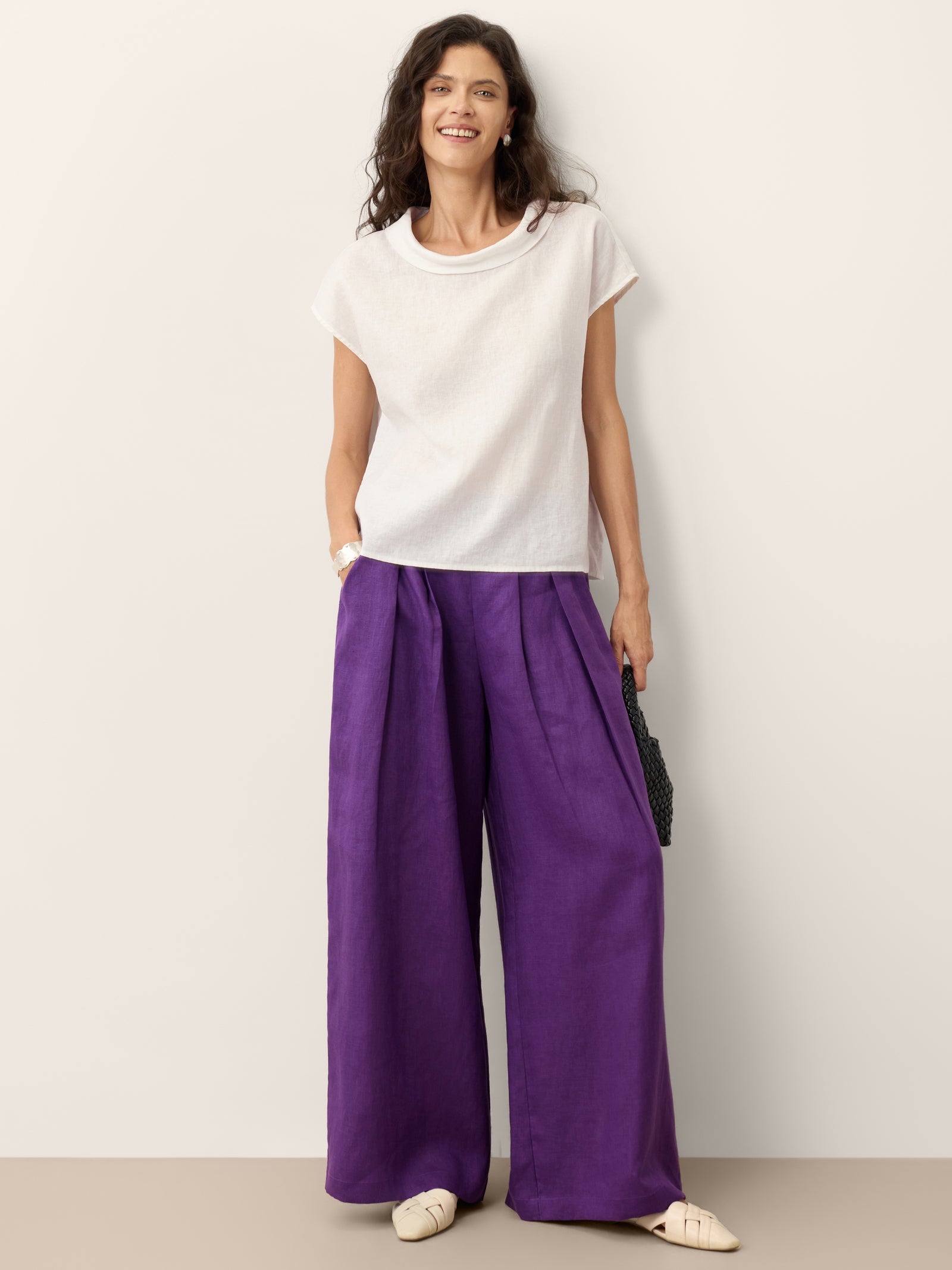 100% Linen Pleated Waist Wide Leg Pants LOUISA