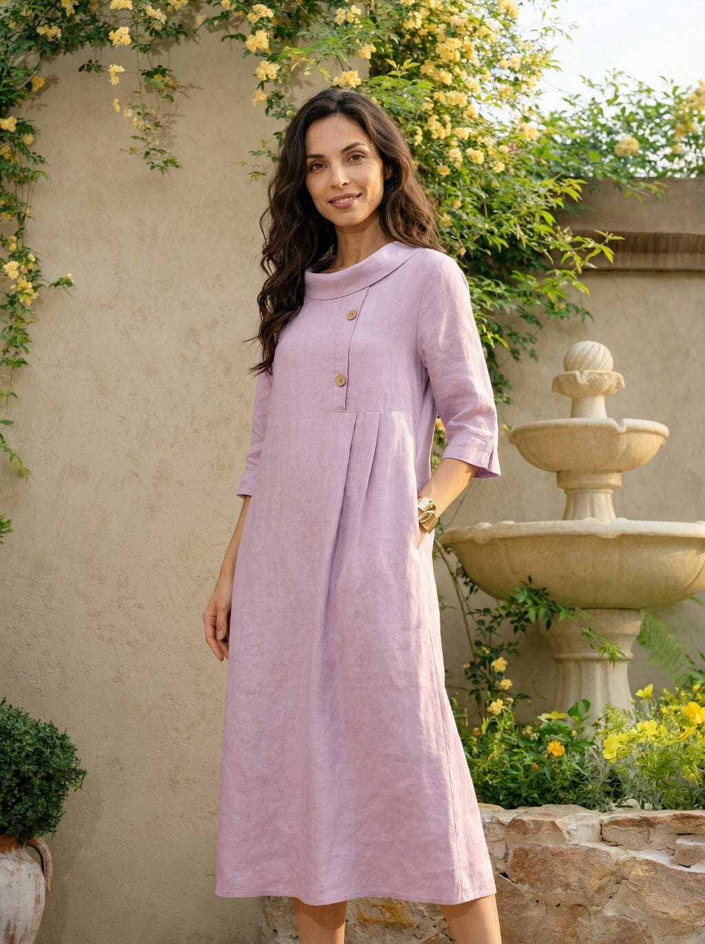 100% Linen Rolled Collar Asymmetric Button Midi Dress ELARAINE