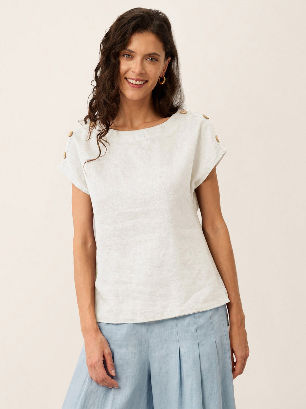 100% Linen Round Neck Button Detail Top ISABELLE-LINTICO