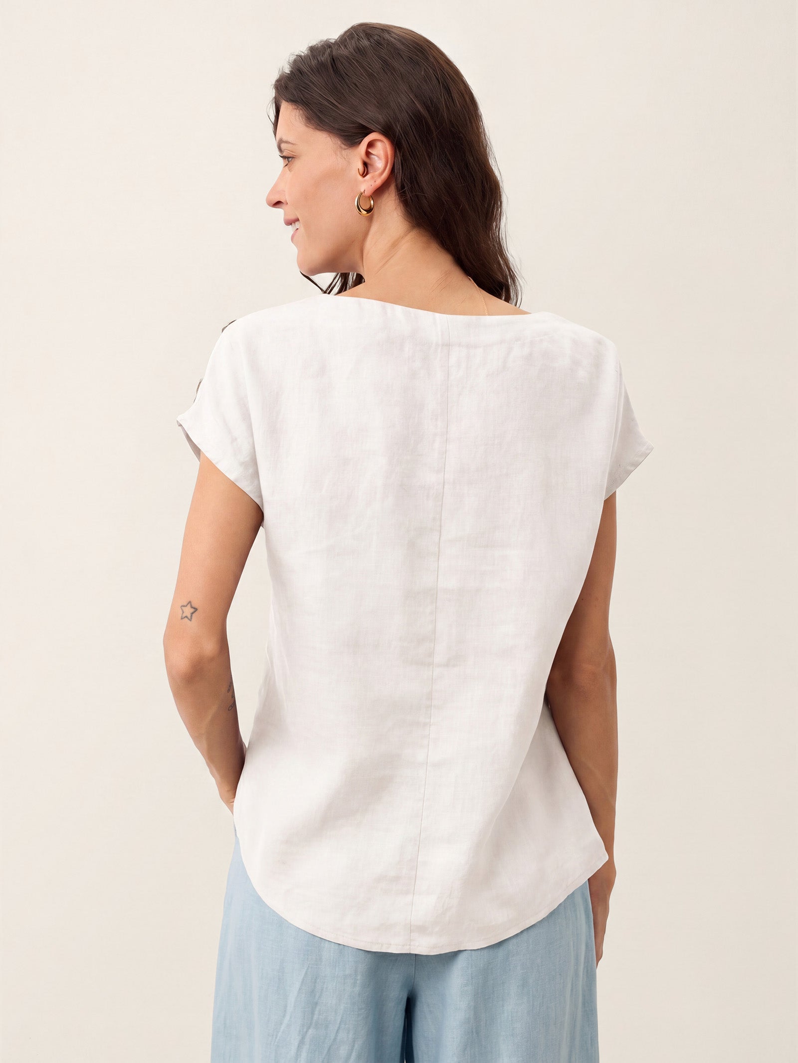 100% Linen Round Neck Button Detail Top ISABELLE-LINTICO