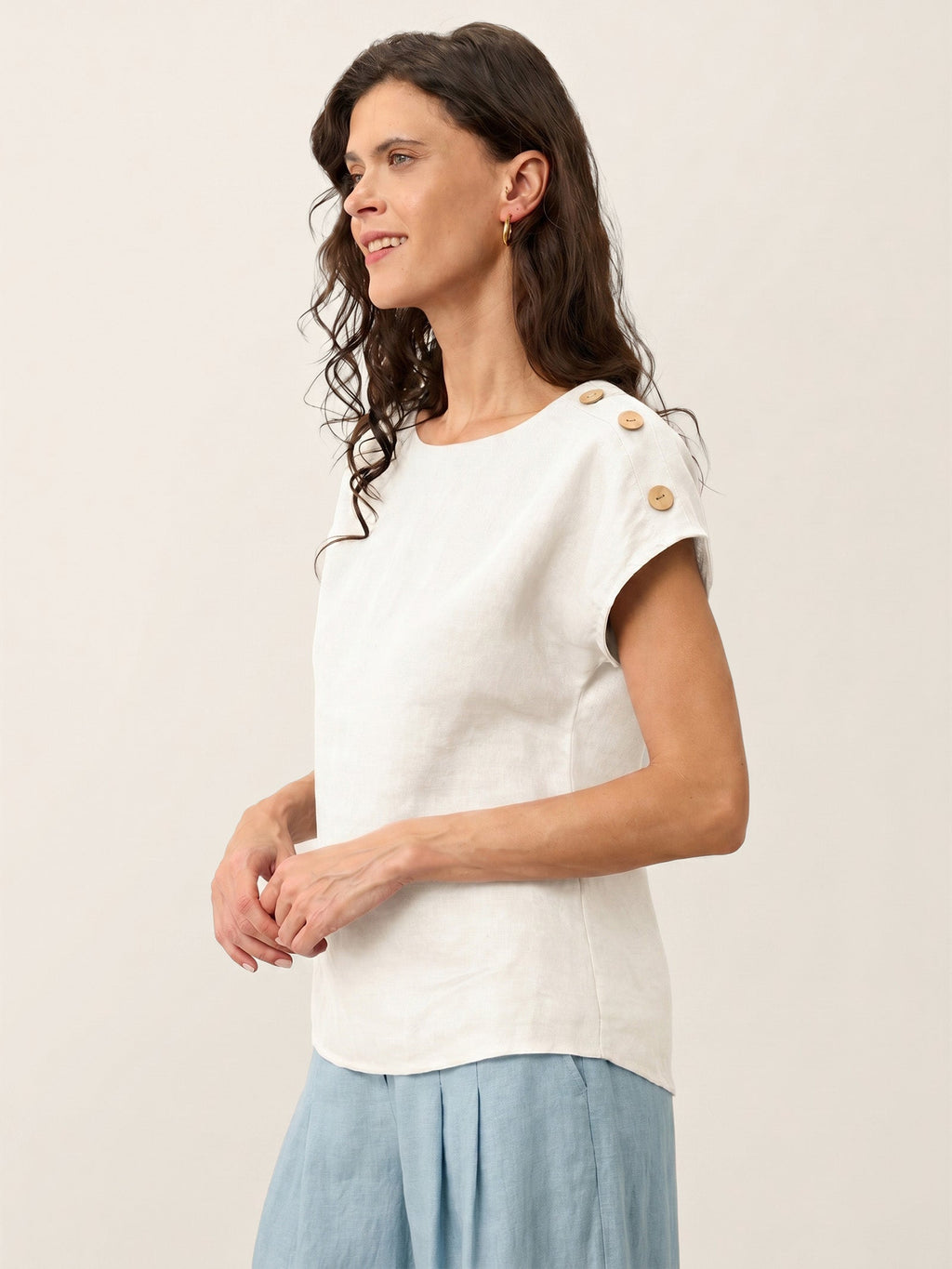 100% Linen Round Neck Button Detail Top ISABELLE-LINTICO