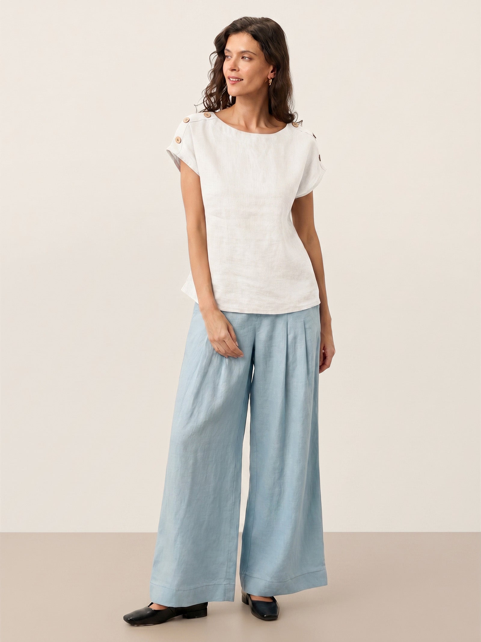 100% Linen Round Neck Button Detail Top ISABELLE-LINTICO