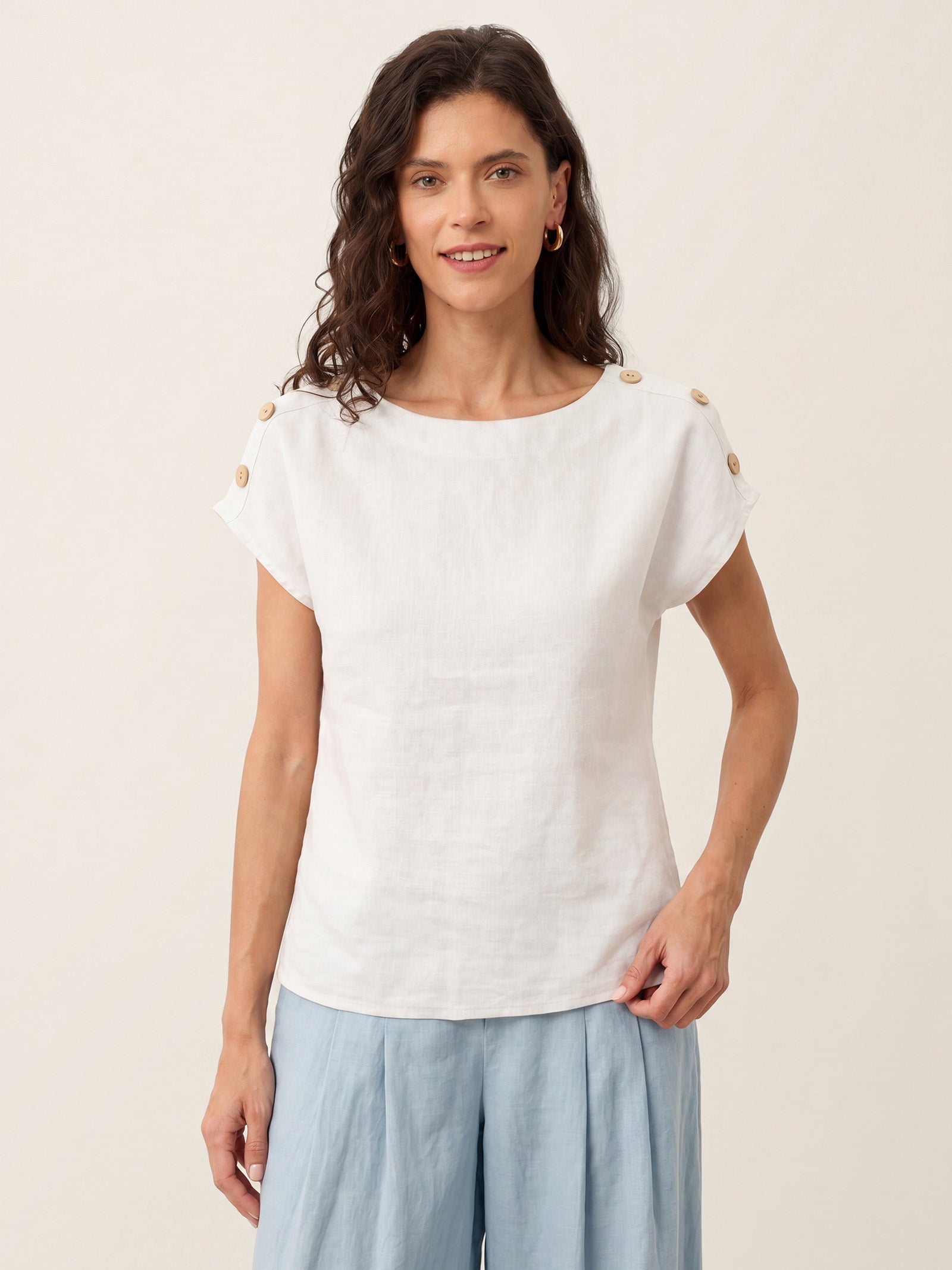 100% Linen Round Neck Button Detail Top ISABELLE-LINTICO