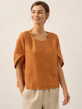100% Linen Round Neck Petal-Sleeve Pullover LAUREL-LINTICO