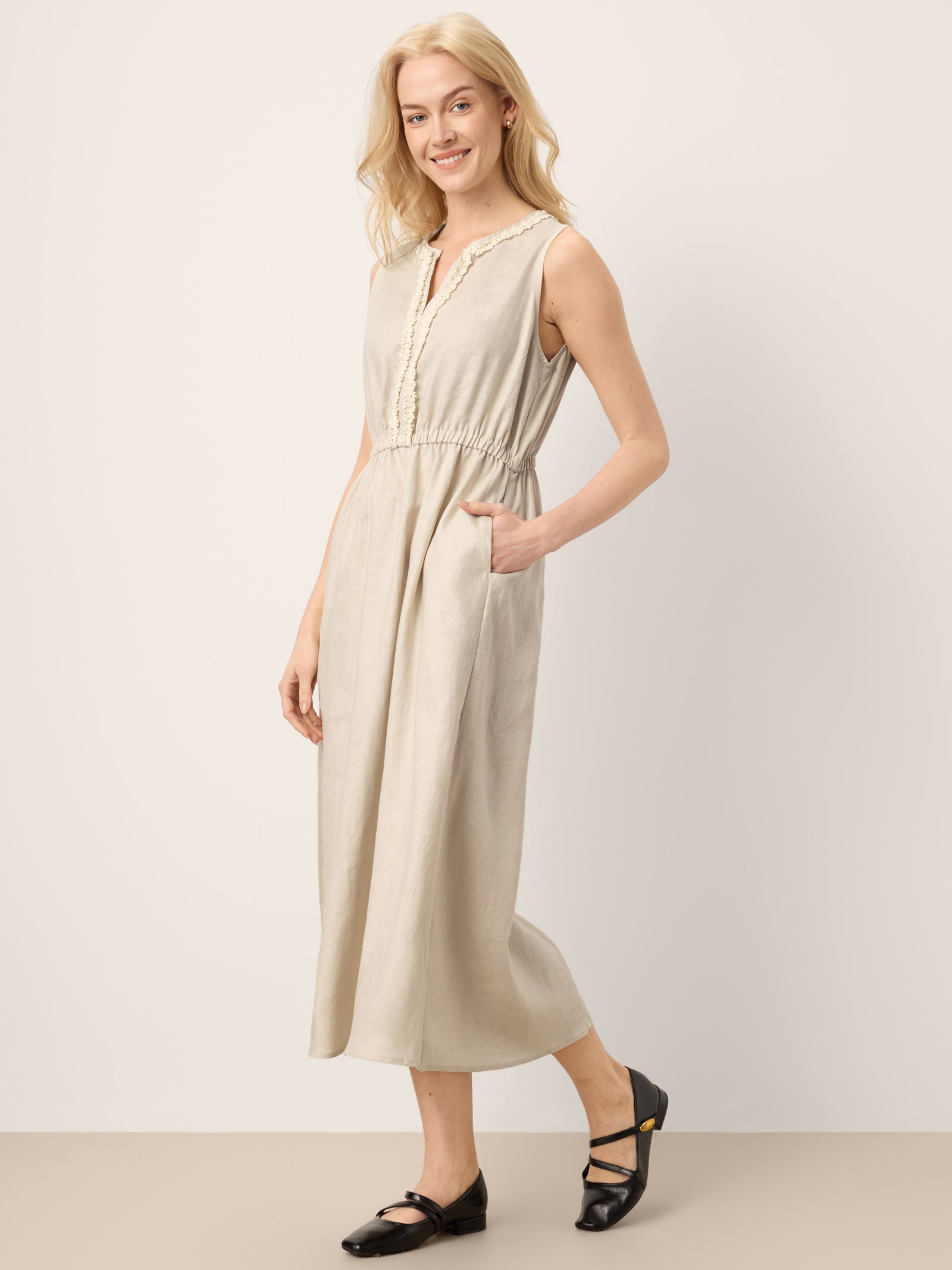100% Linen Ruffle Trim Elasticated Waist Sleeveless Midi Dress LUCINDA