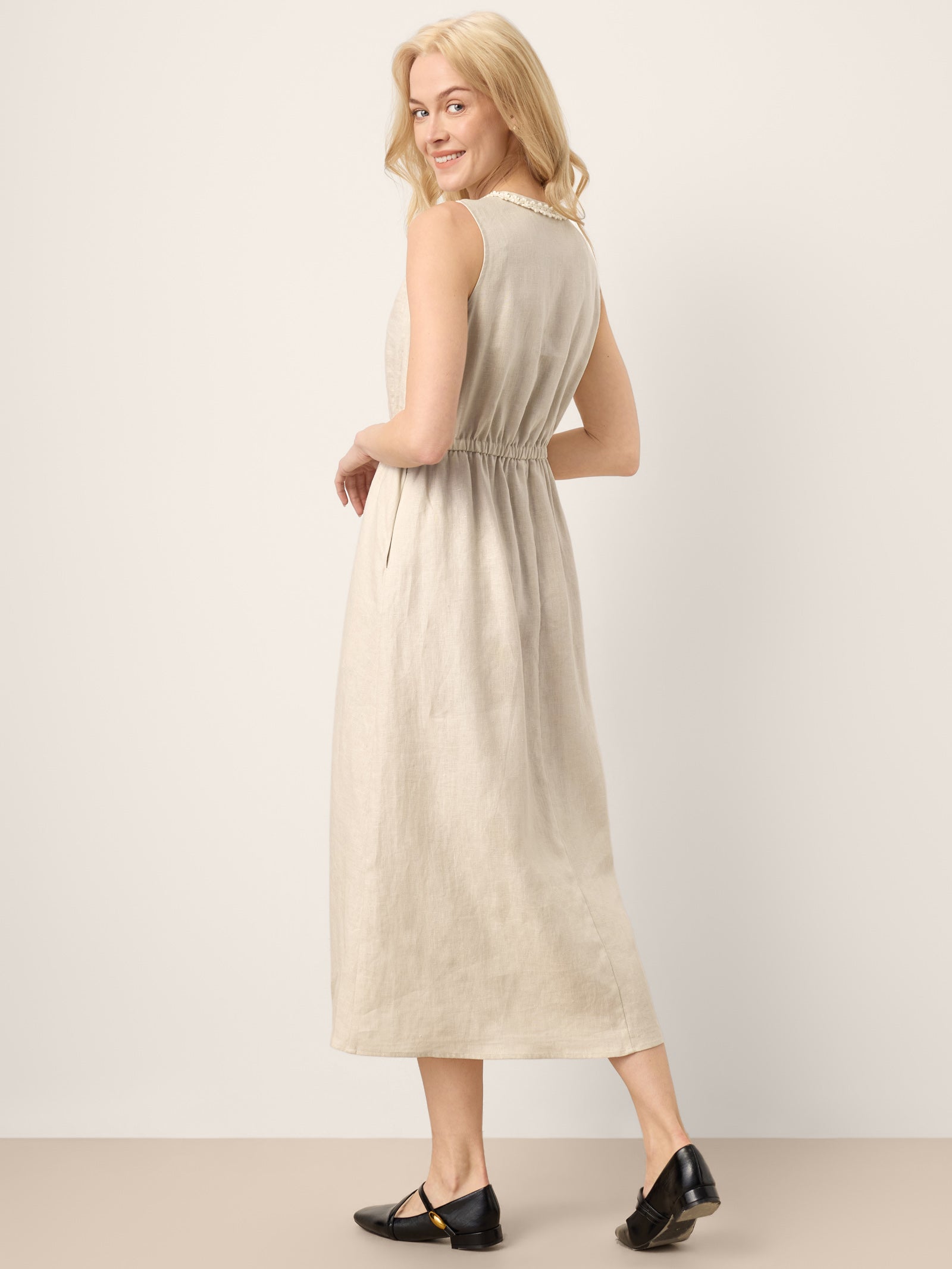 100% Linen Ruffle Trim Elasticated Waist Sleeveless Midi Dress LUCINDA
