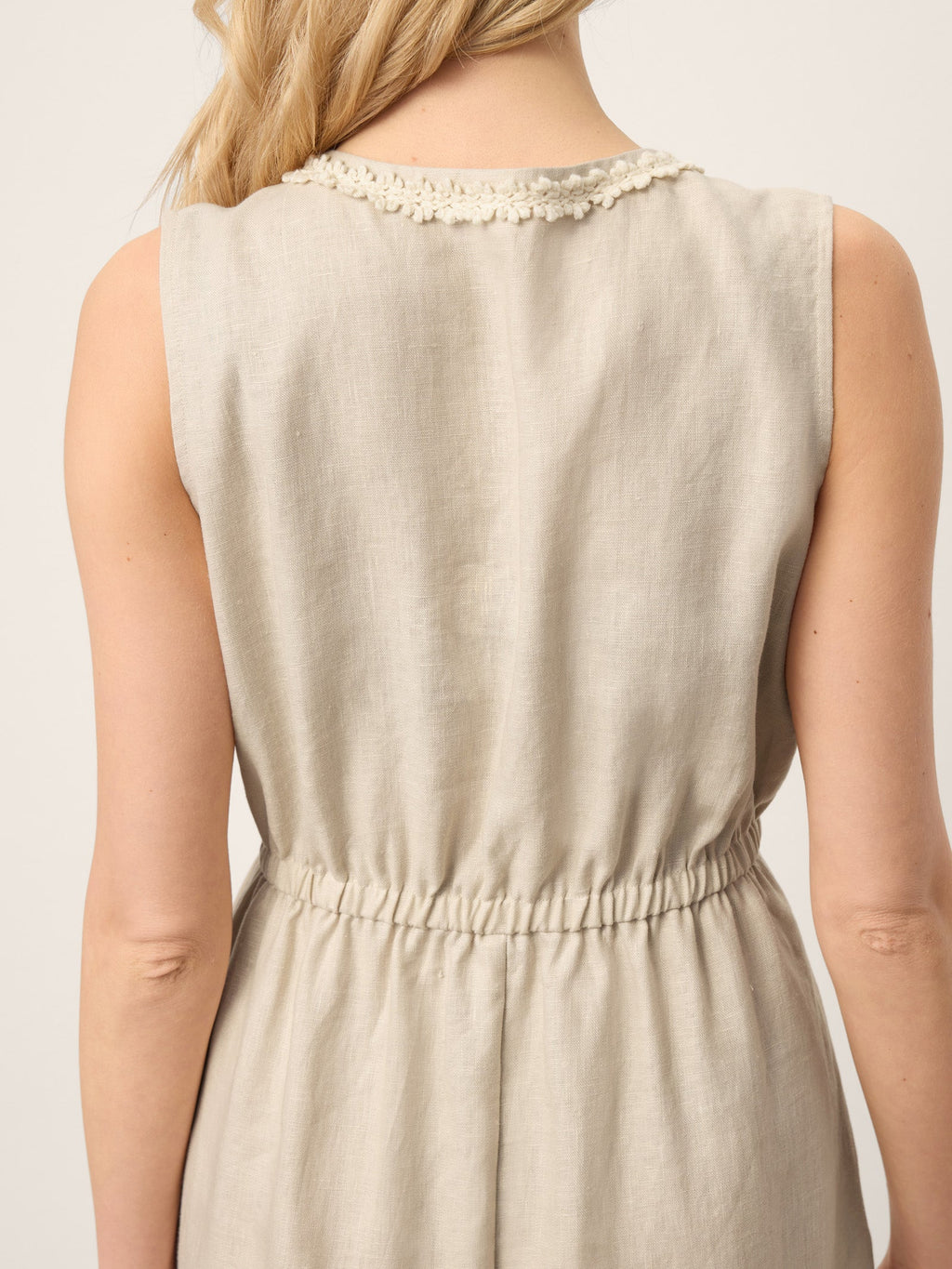 100% Linen Ruffle Trim Elasticated Waist Sleeveless Midi Dress LUCINDA