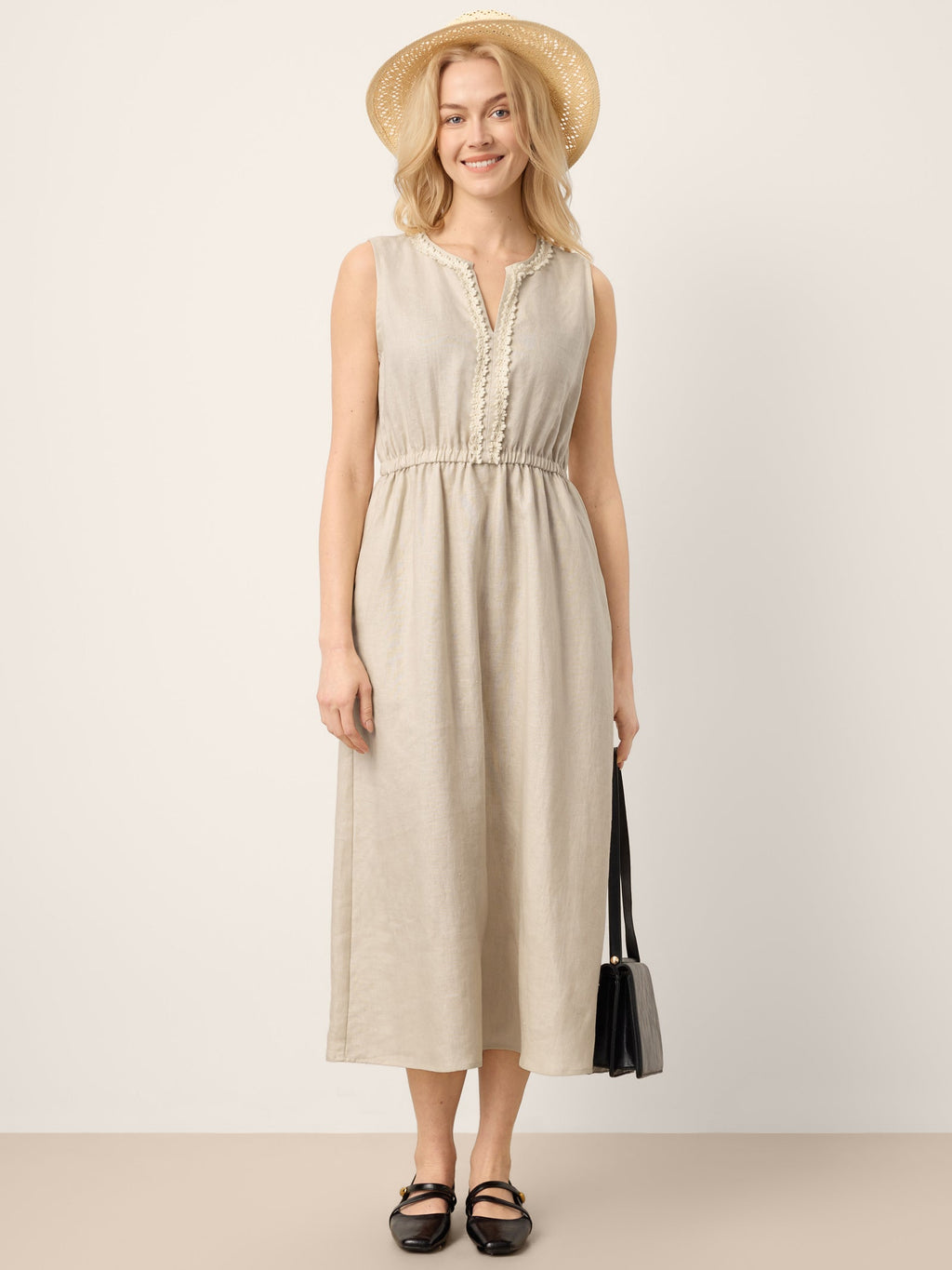 100% Linen Ruffle Trim Elasticated Waist Sleeveless Midi Dress LUCINDA