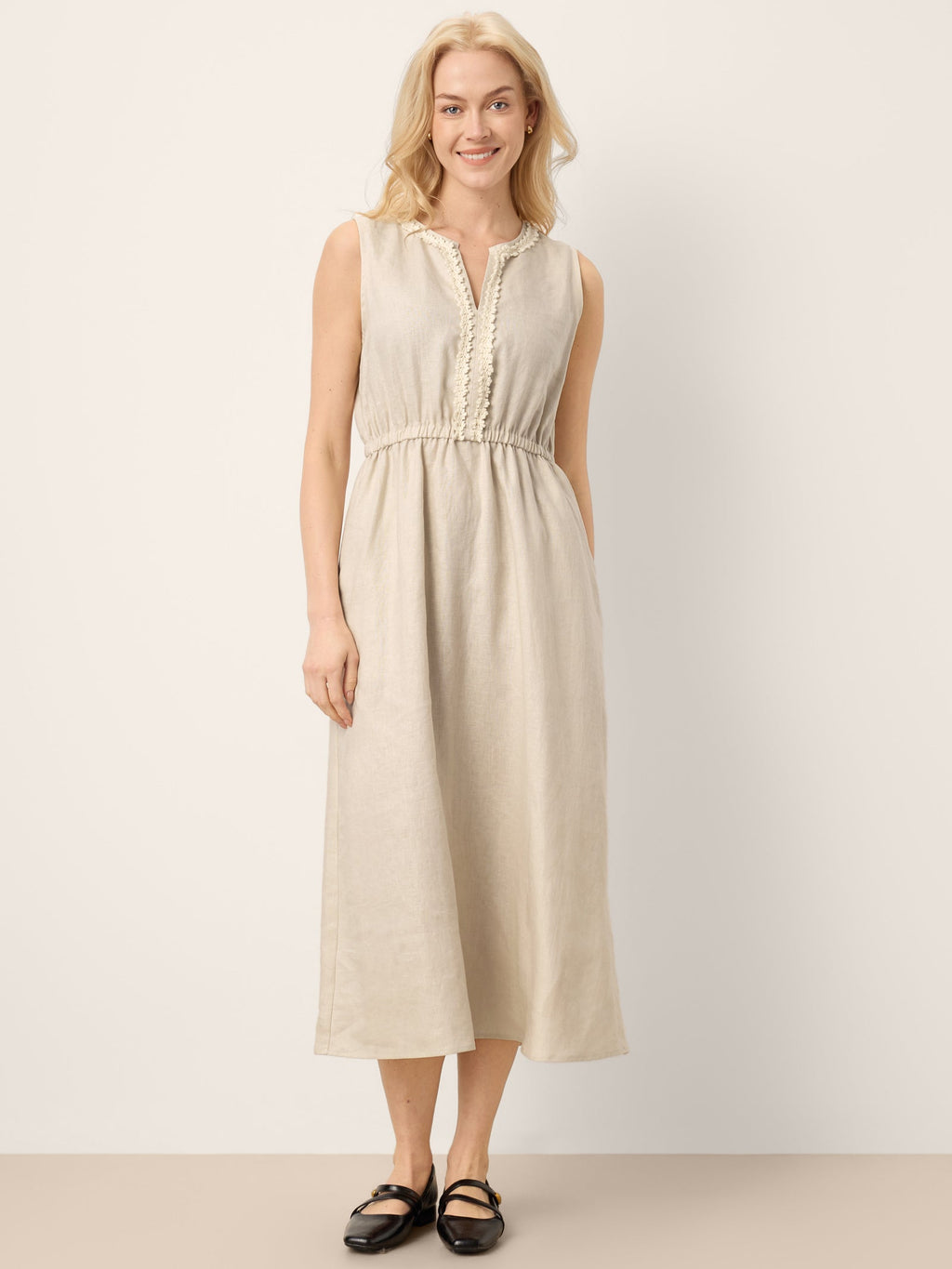 100% Linen Ruffle Trim Elasticated Waist Sleeveless Midi Dress LUCINDA