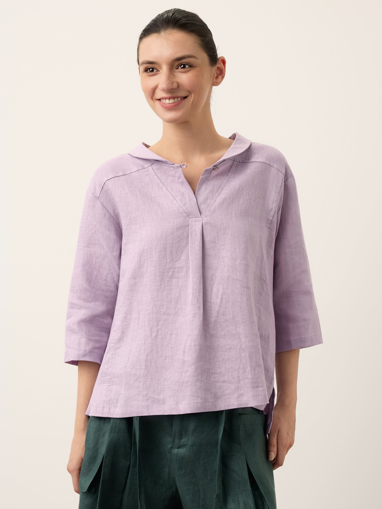 100% Linen Shawl V-Neck Half Sleeve Top JADE
