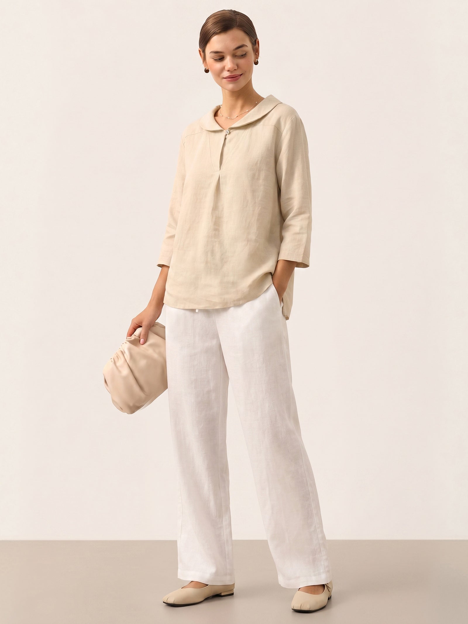 100% Linen Shawl V-Neck Half Sleeve Top JADE