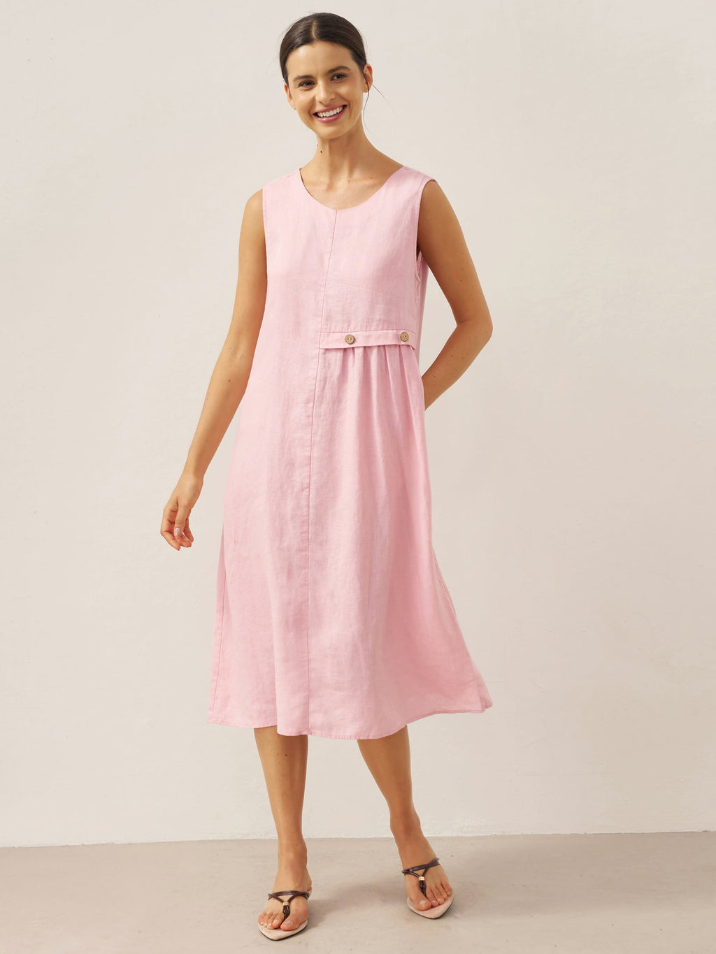 100% Linen Sleeveless Accordion Pleat Midi Dress TINA