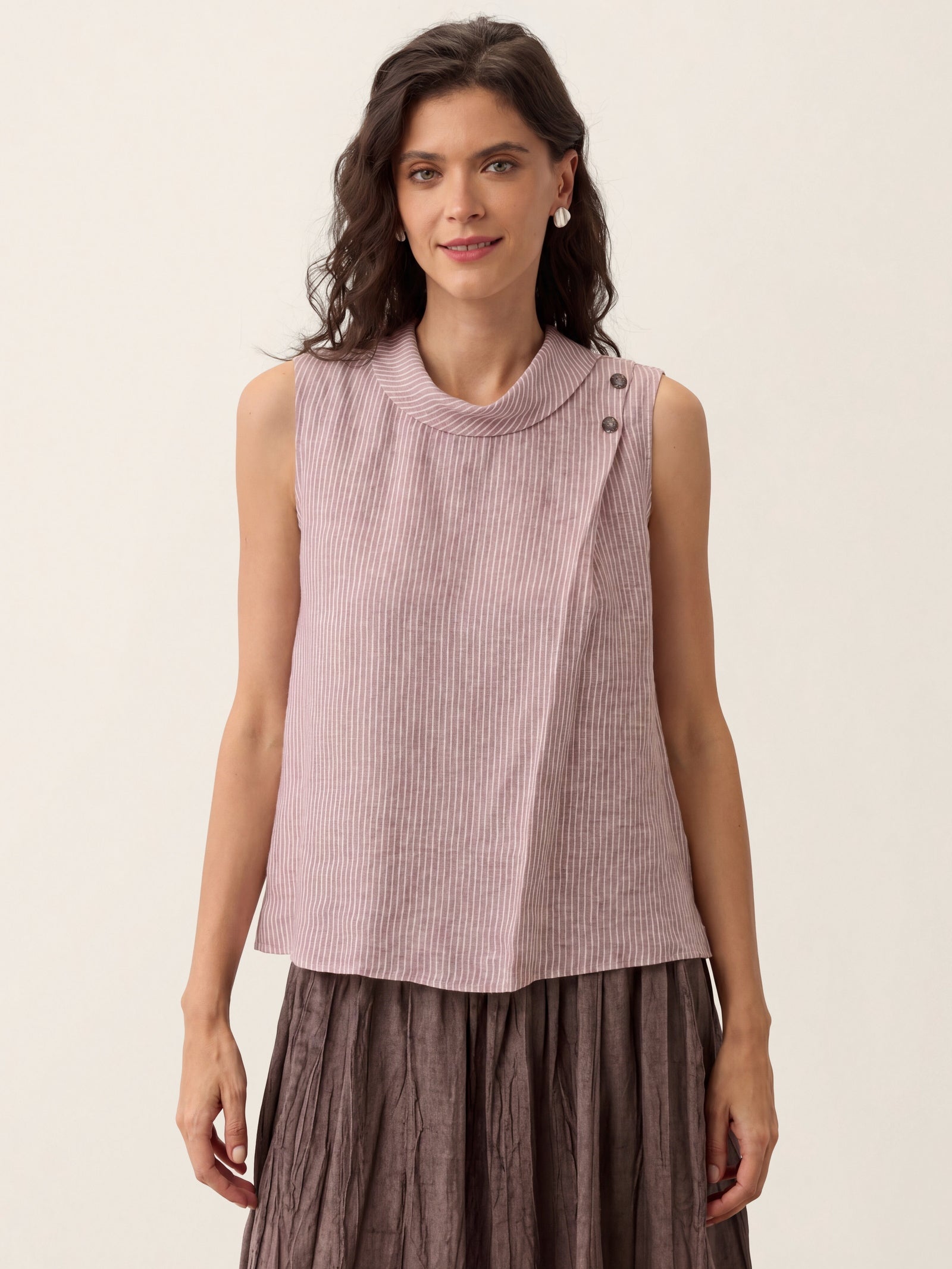 100% Linen Striped Diagonal Pleat Mock Neck Top ESTHER-LINTICO
