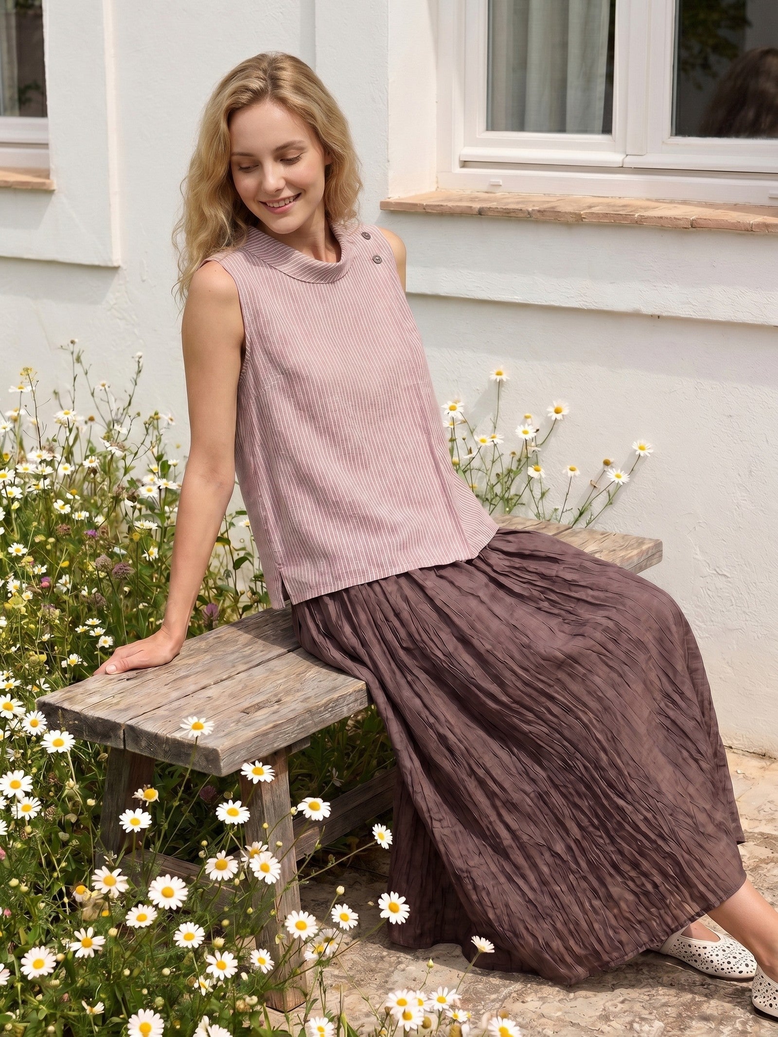 100% Linen Striped Diagonal Pleat Mock Neck Top ESTHER-LINTICO