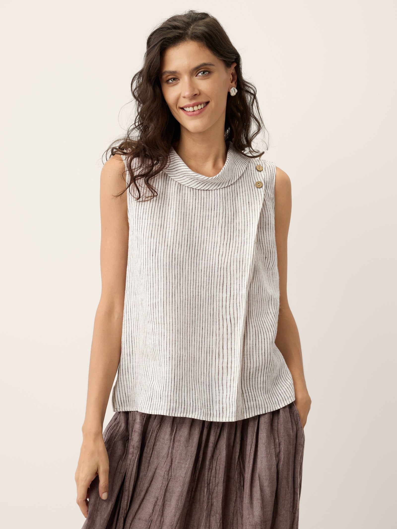 100% Linen Striped Diagonal Pleat Mock Neck Top ESTHER-LINTICO