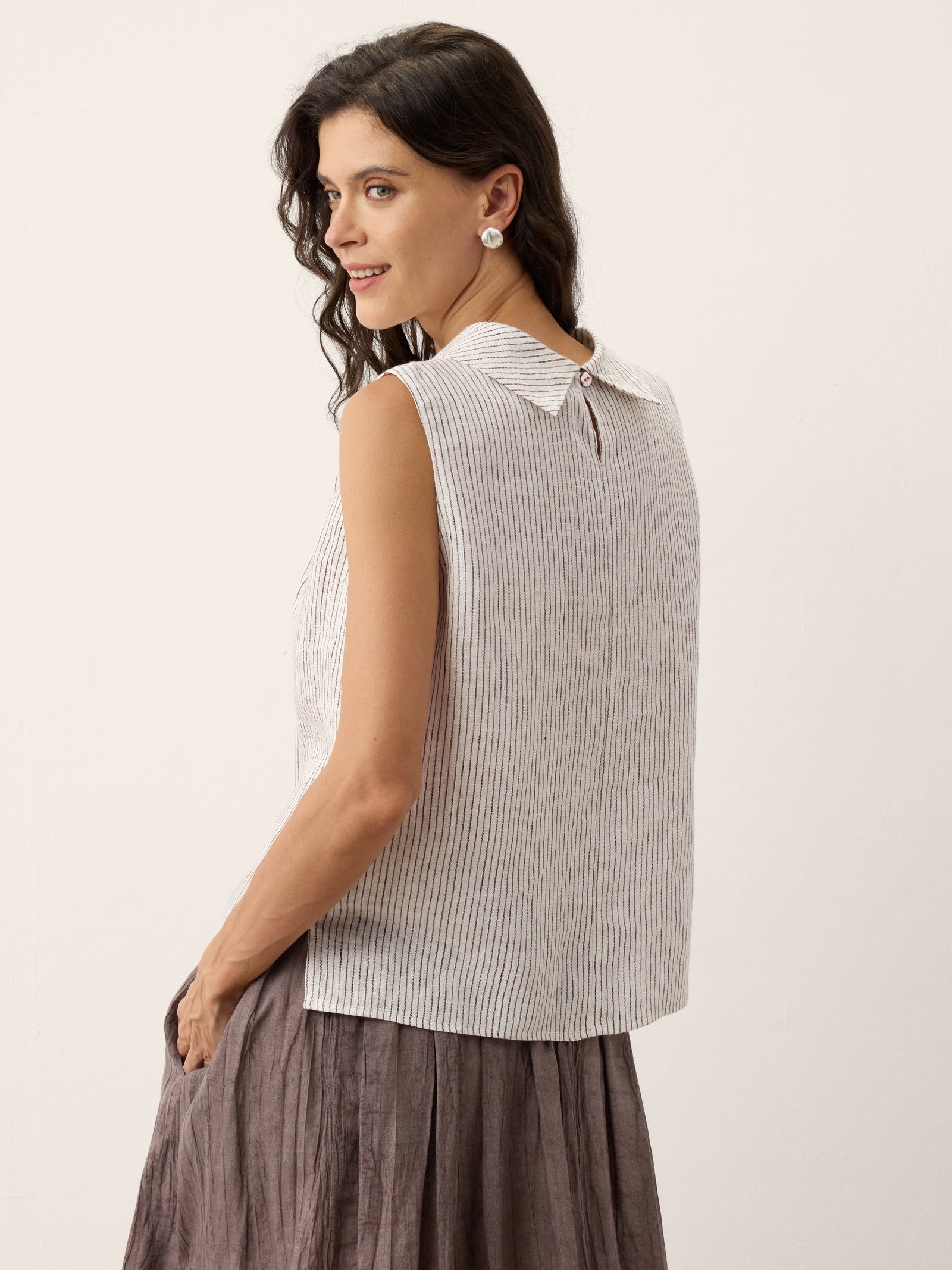 100% Linen Striped Diagonal Pleat Mock Neck Top ESTHER-LINTICO