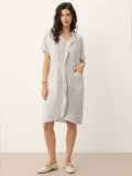100% Linen Striped Ruffle Placket Shirt Dress GLORIA