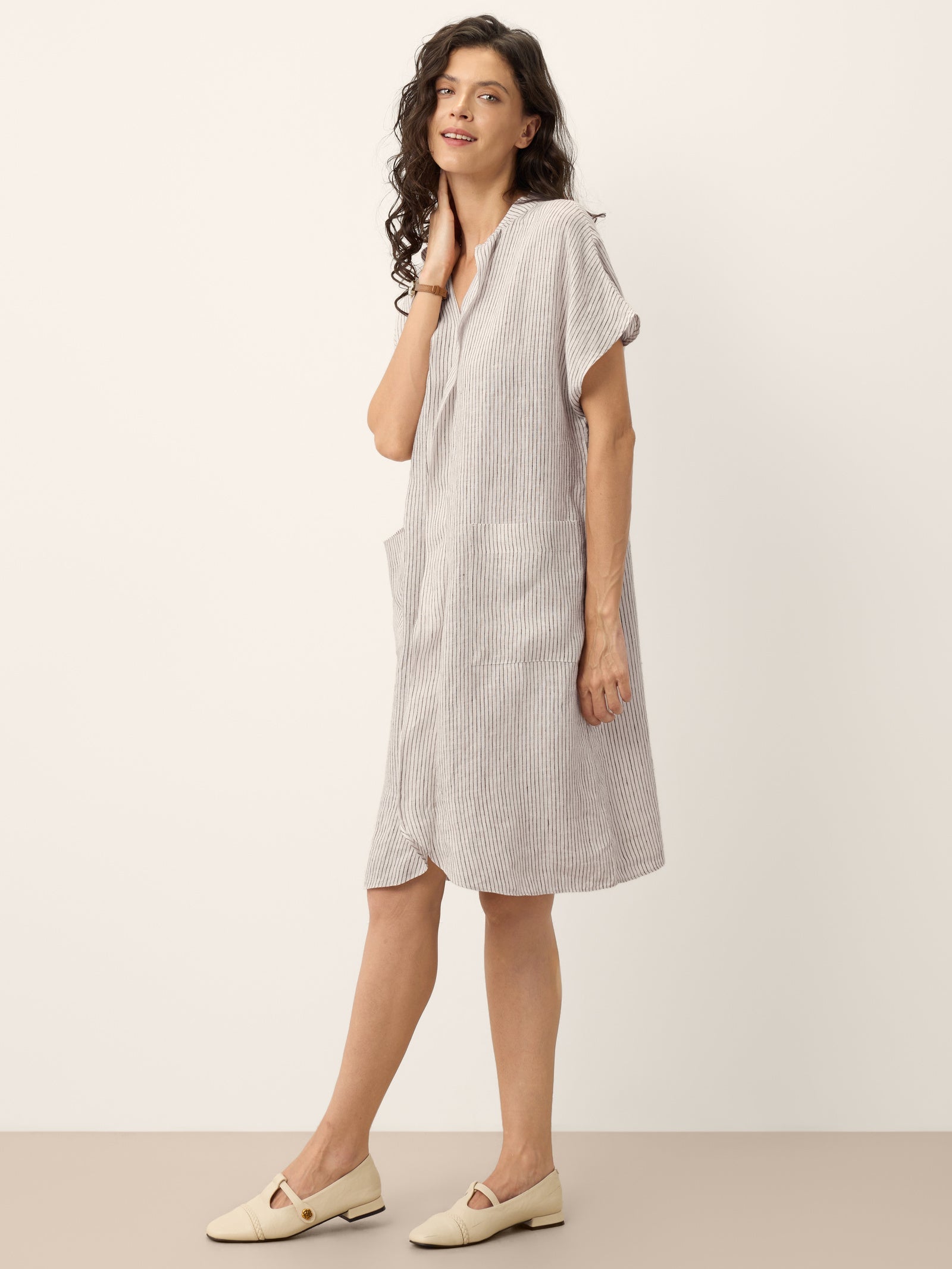 100% Linen Striped Ruffle Placket Shirt Dress GLORIA