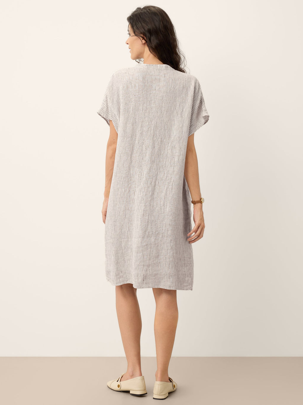 100% Linen Striped Ruffle Placket Shirt Dress GLORIA