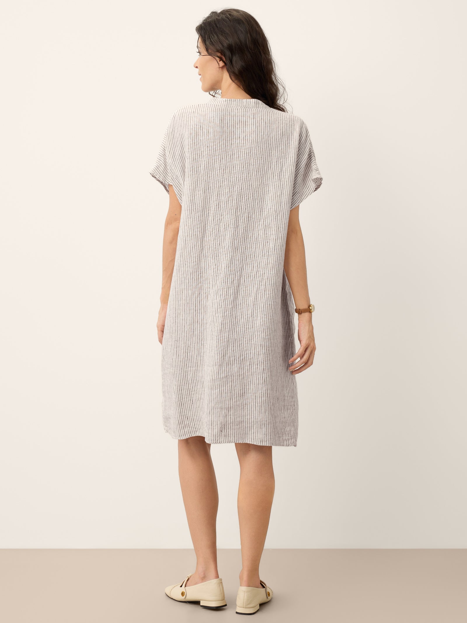 100% Linen Striped Ruffle Placket Shirt Dress GLORIA