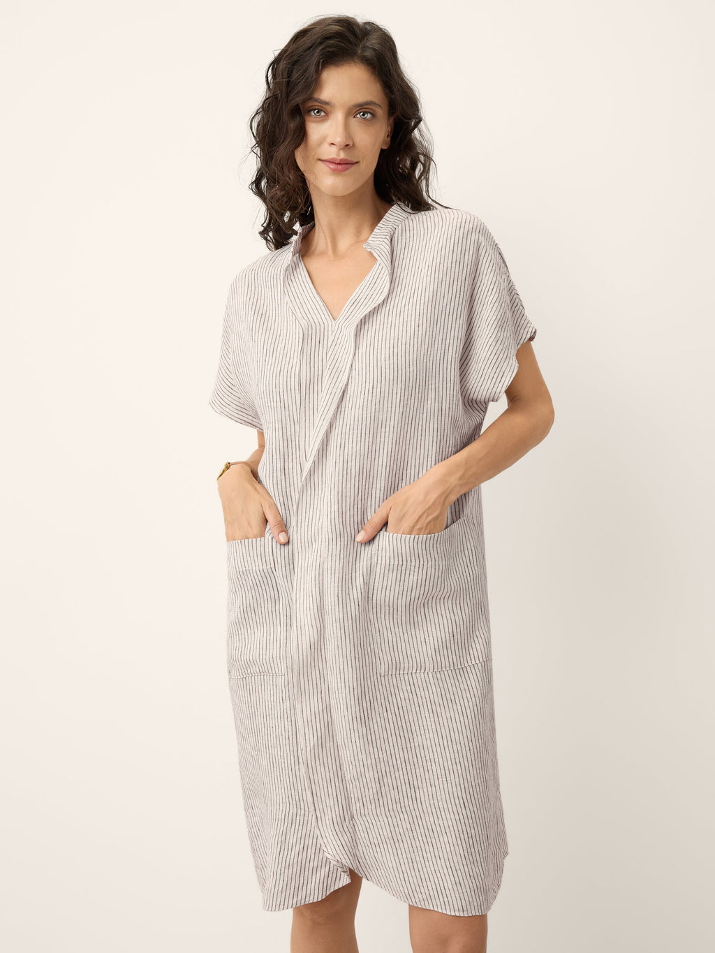 100% Linen Striped Ruffle Placket Shirt Dress GLORIA