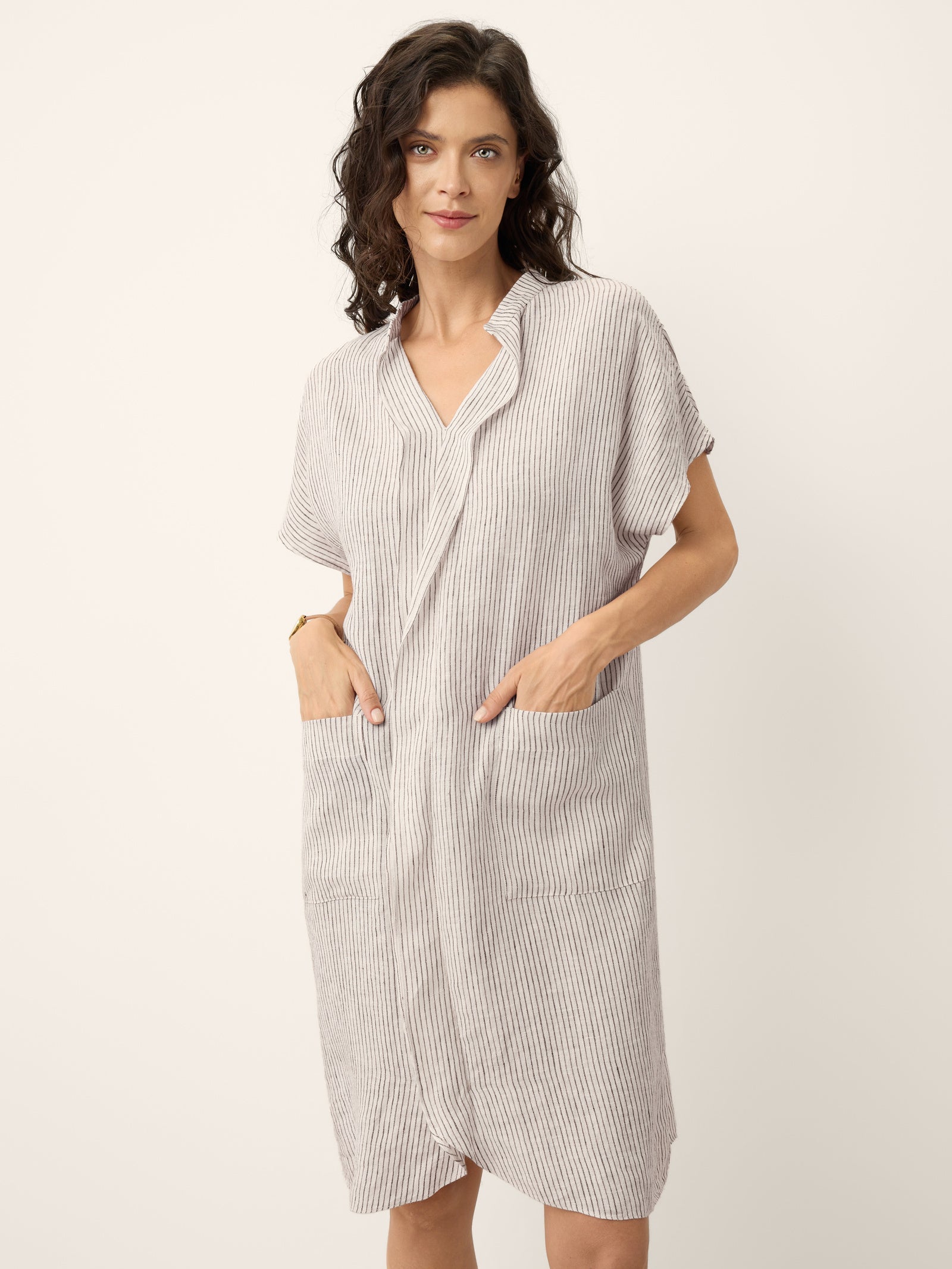 100% Linen Striped Ruffle Placket Shirt Dress GLORIA
