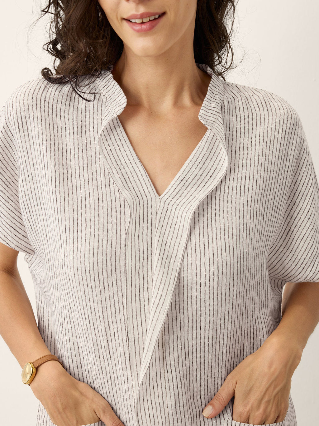 100% Linen Striped Ruffle Placket Shirt Dress GLORIA
