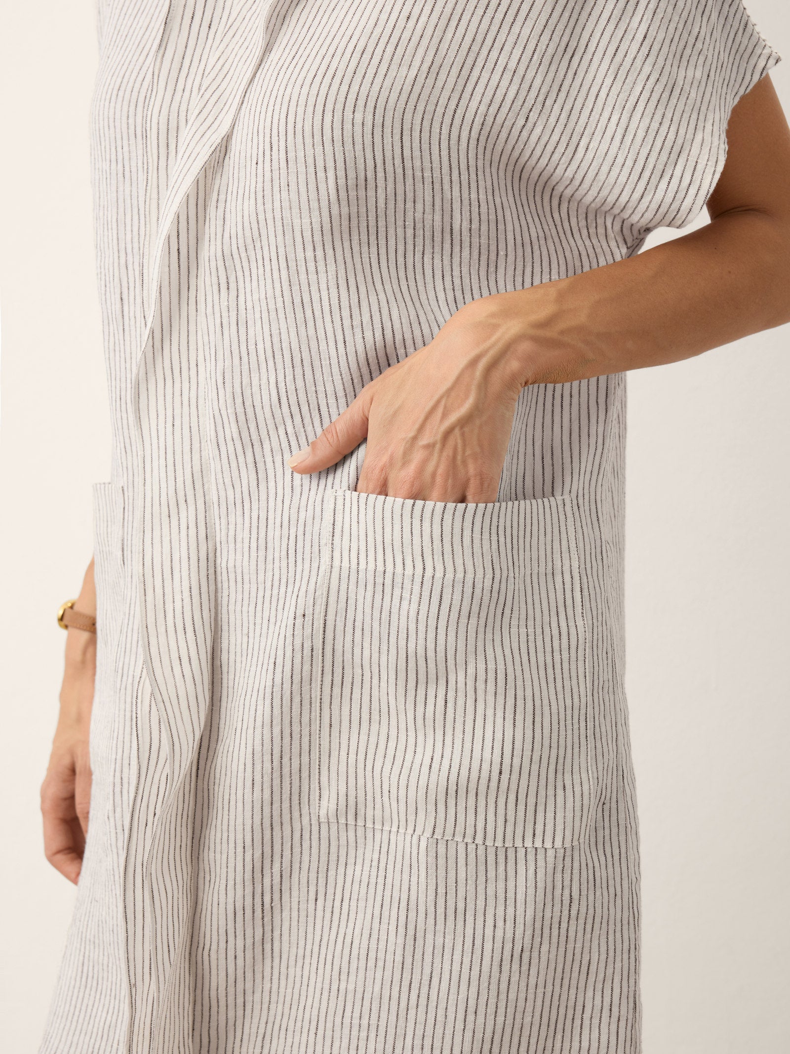 100% Linen Striped Ruffle Placket Shirt Dress GLORIA