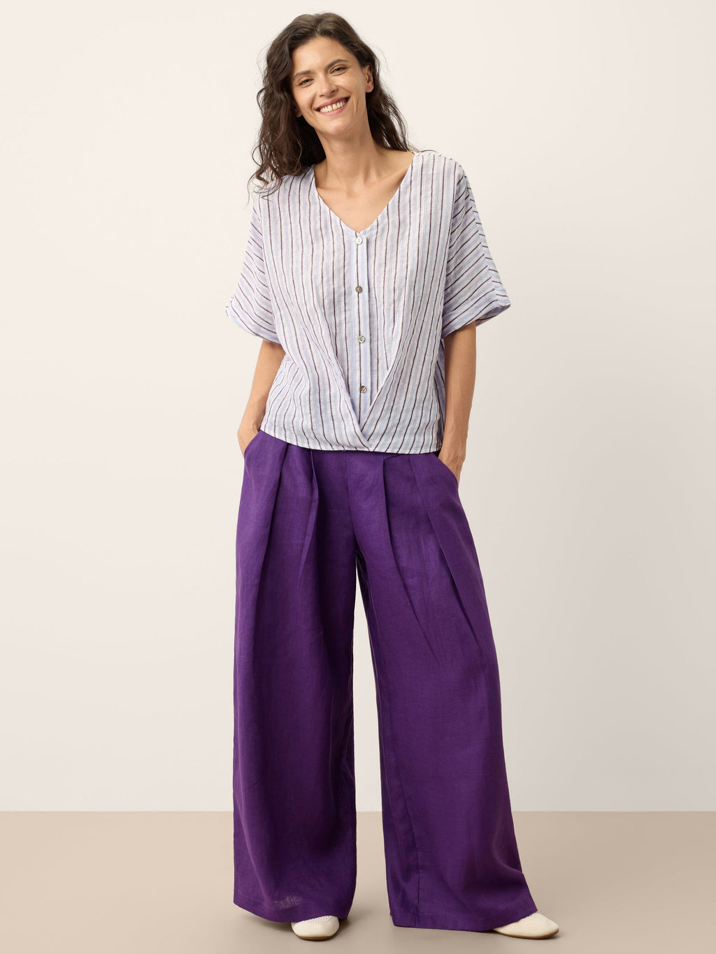 100% Linen Striped Surplice Cocoon Top CATHERINE