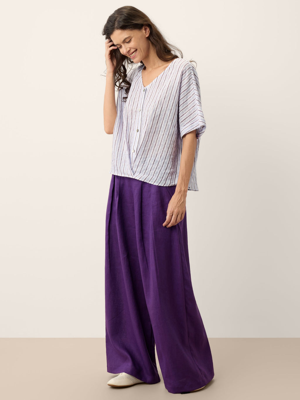 100% Linen Striped Surplice Cocoon Top CATHERINE