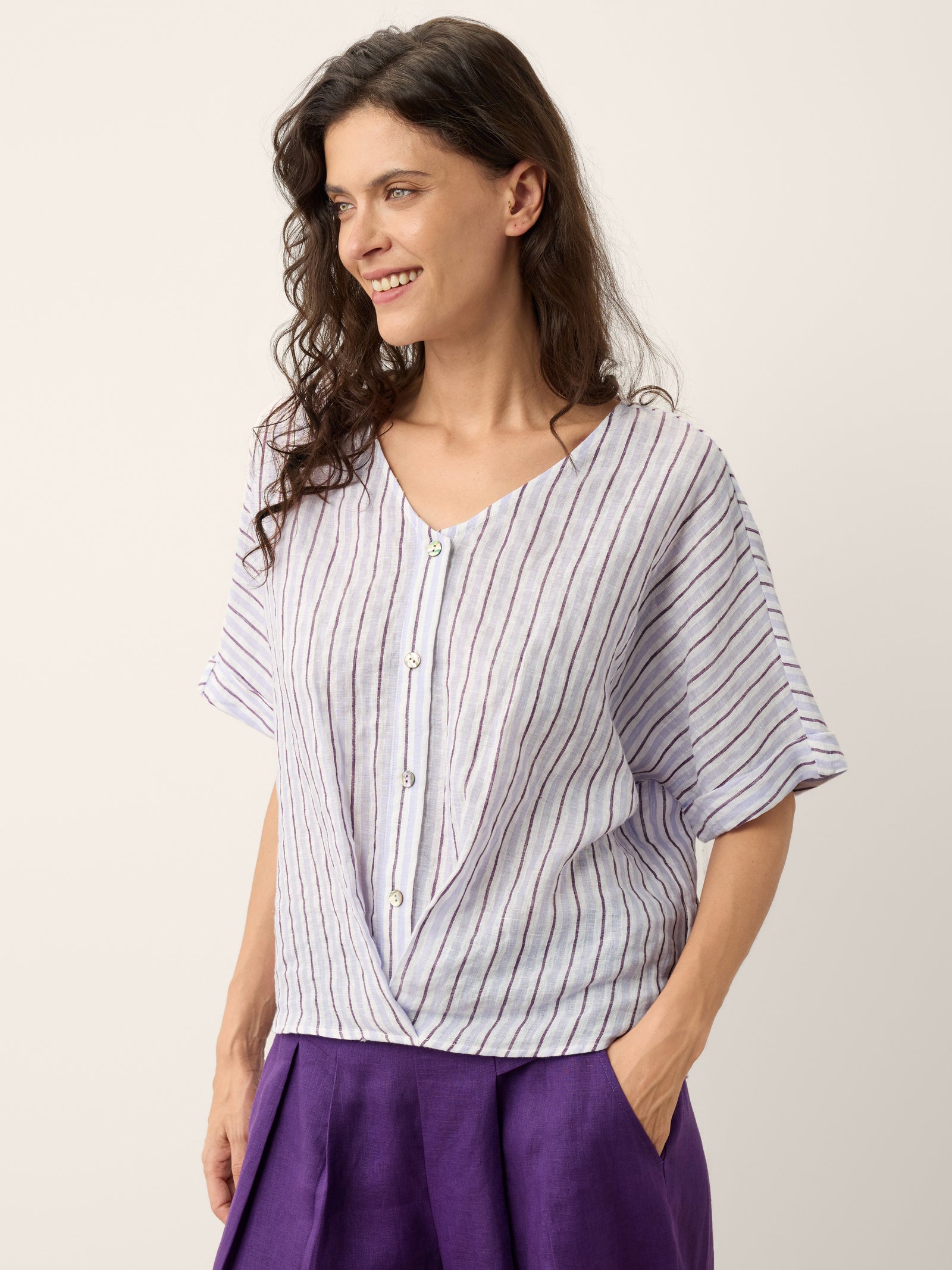 100% Linen Striped Surplice Cocoon Top CATHERINE