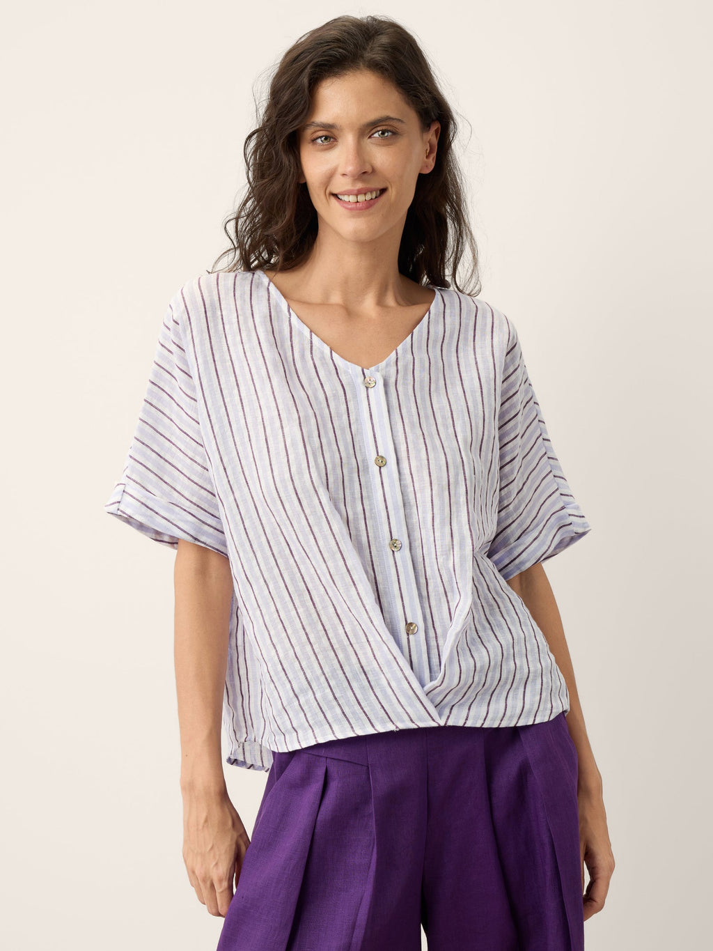 100% Linen Striped Surplice Cocoon Top CATHERINE