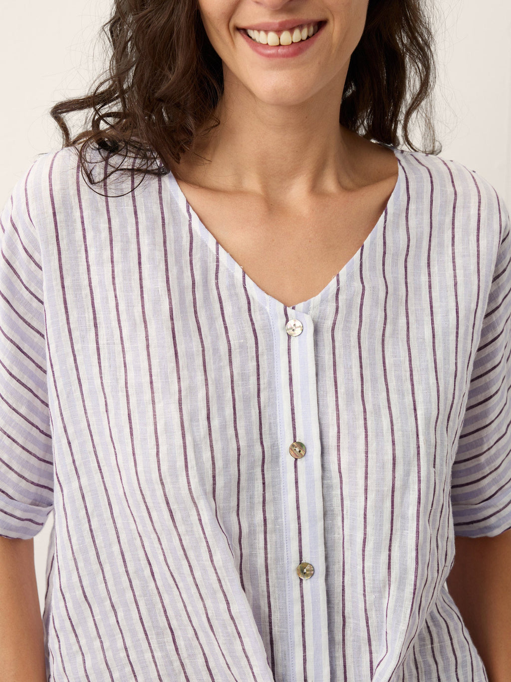 100% Linen Striped Surplice Cocoon Top CATHERINE
