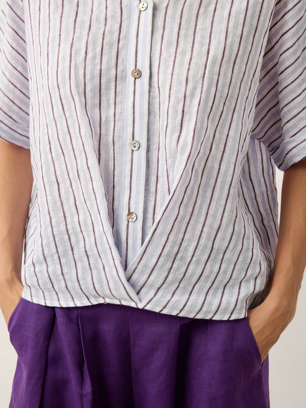 100% Linen Striped Surplice Cocoon Top CATHERINE