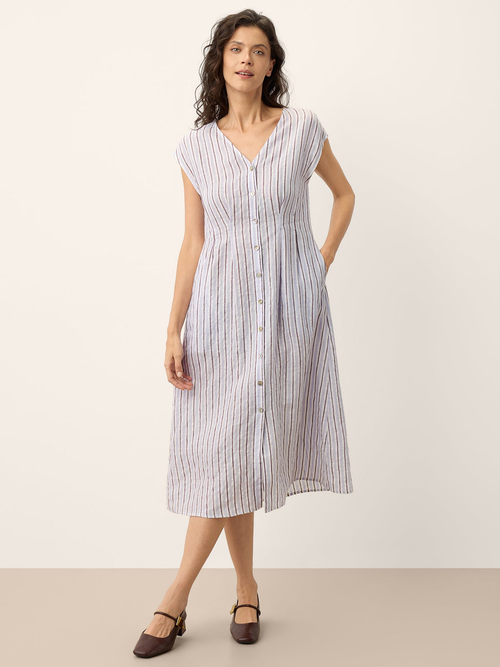 100% Linen Striped Tailored Cap Sleeve Midi Dress AGNES